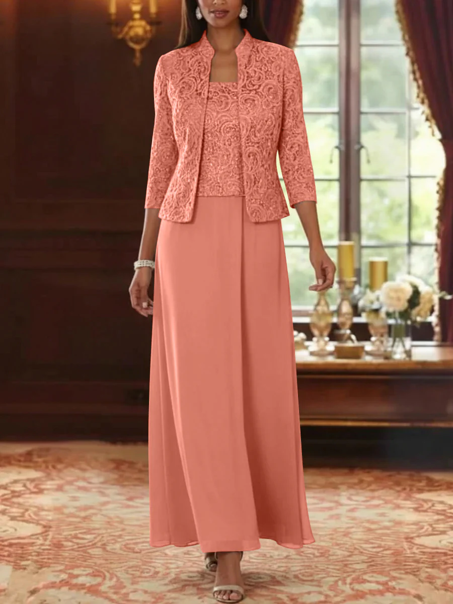 2 Pieces A-Line/Princess Square Collar Chiffon Mother of the Bride Dresses with Jacket Lace Ankle-Length 3/4 Sleeves - Image 50