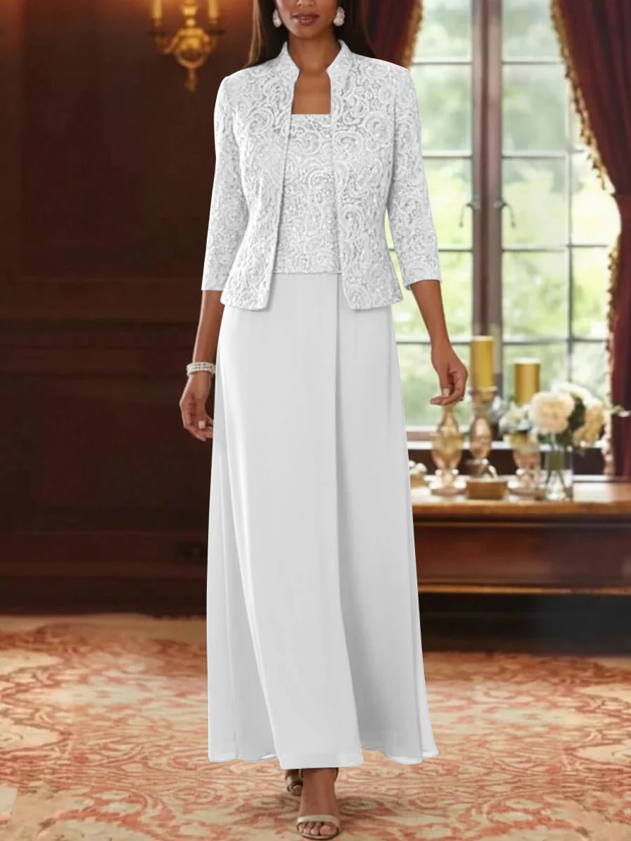 2 Pieces A-Line/Princess Square Collar Chiffon Mother of the Bride Dresses with Jacket Lace Ankle-Length 3/4 Sleeves - Image 51