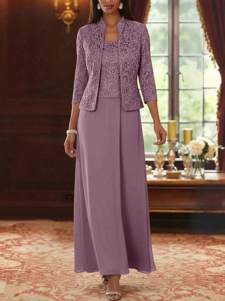2 Pieces A-Line/Princess Square Collar Chiffon Mother of the Bride Dresses with Jacket Lace Ankle-Length 3/4 Sleeves - Image 53