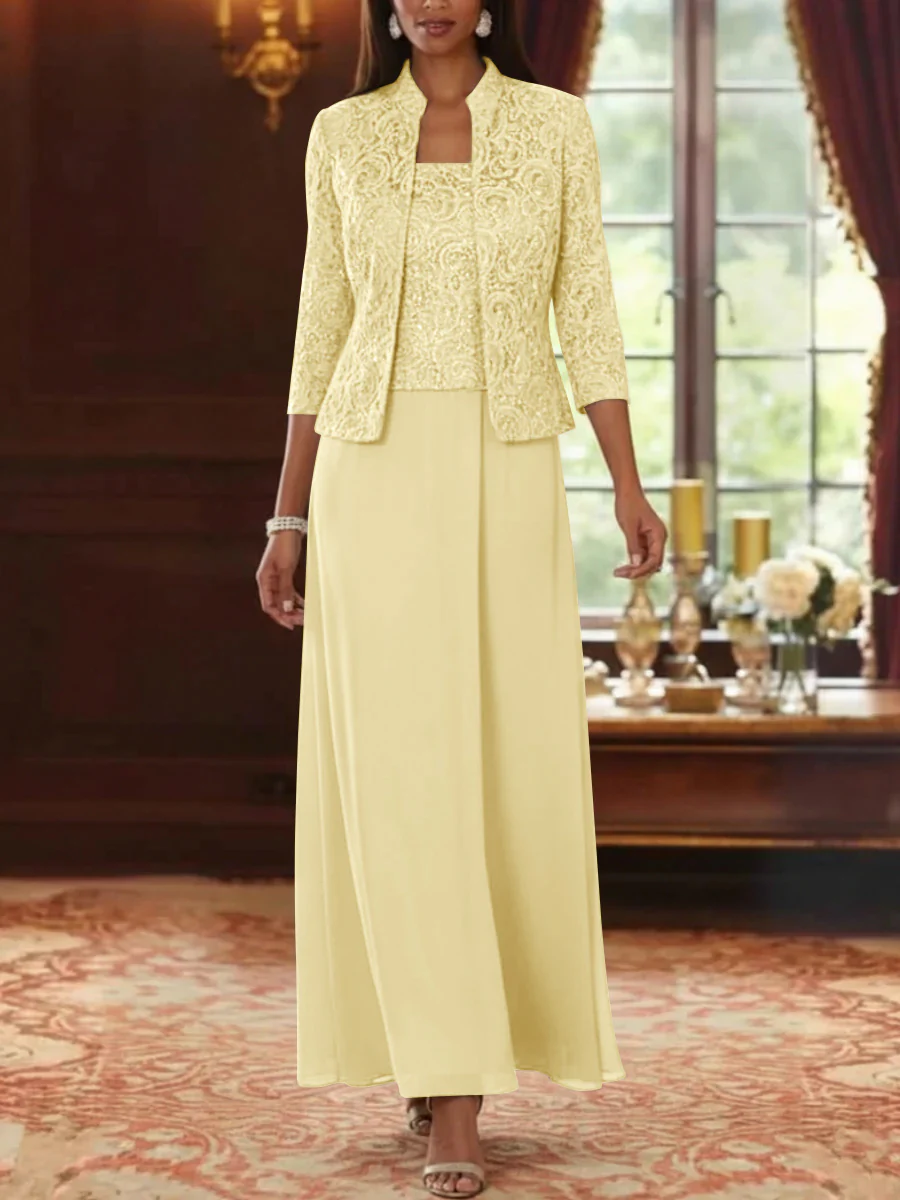 2 Pieces A-Line/Princess Square Collar Chiffon Mother of the Bride Dresses with Jacket Lace Ankle-Length 3/4 Sleeves - Image 54
