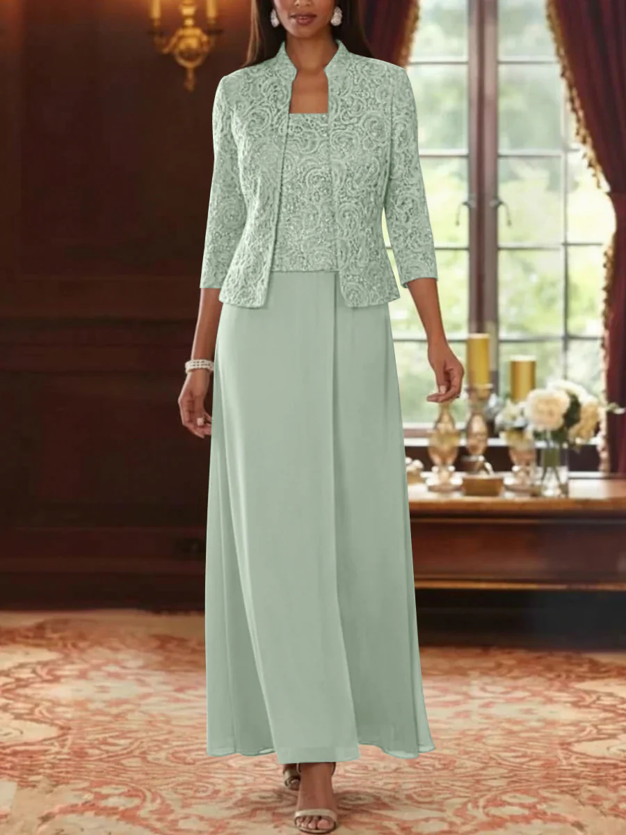 2 Pieces A-Line/Princess Square Collar Chiffon Mother of the Bride Dresses with Jacket Lace Ankle-Length 3/4 Sleeves - Image 6