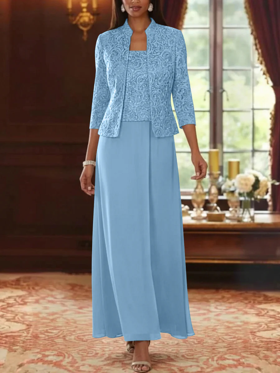 2 Pieces A-Line/Princess Square Collar Chiffon Mother of the Bride Dresses with Jacket Lace Ankle-Length 3/4 Sleeves - Image 7