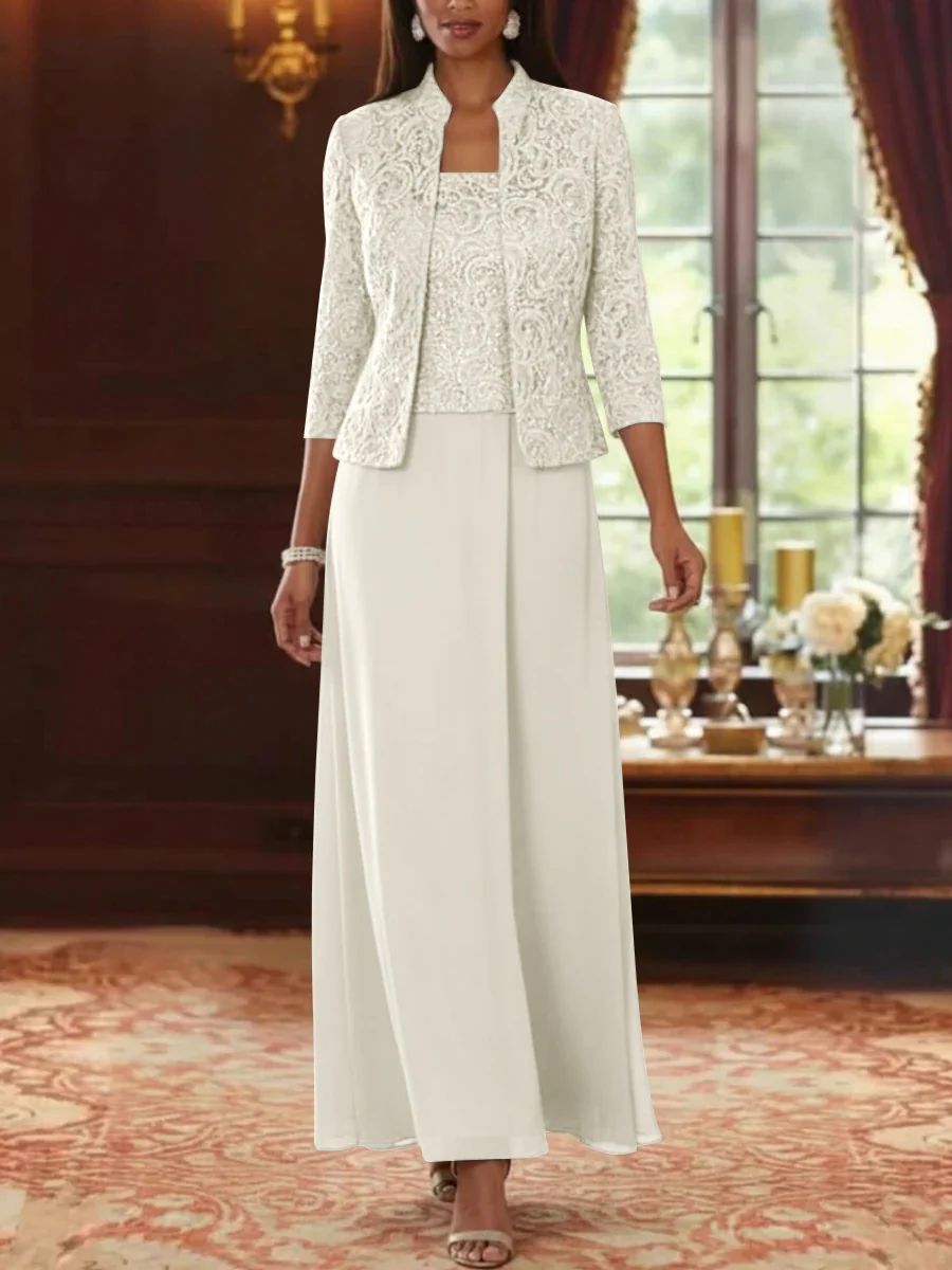2 Pieces A-Line/Princess Square Collar Chiffon Mother of the Bride Dresses with Jacket Lace Ankle-Length 3/4 Sleeves - Image 8