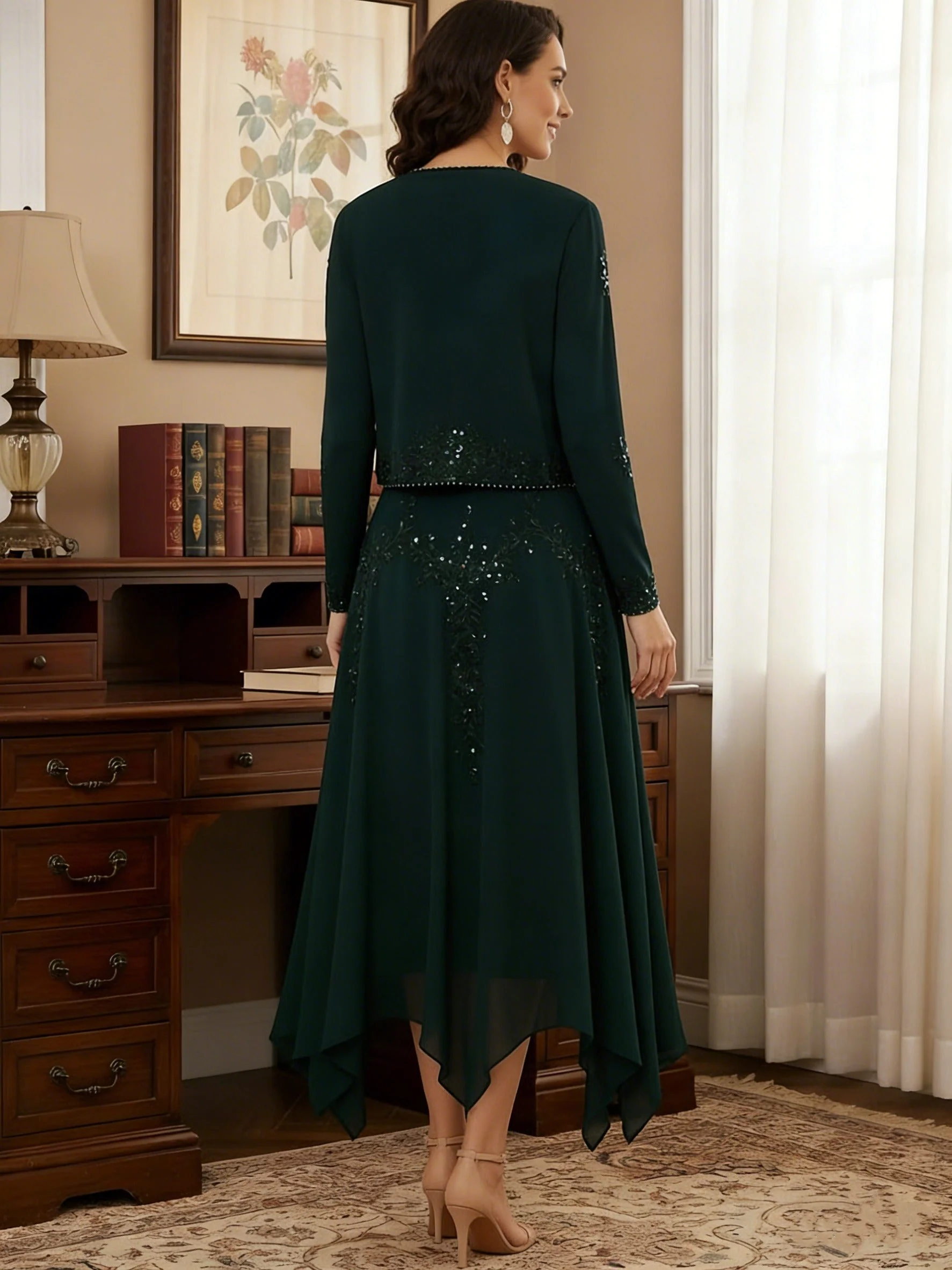 2 Pieces A-Line/Princess V-Neck Chiffon Mother of the Bride Dresses with Jacket Lace Sequins Tea-Length Long Sleeves - Image 2