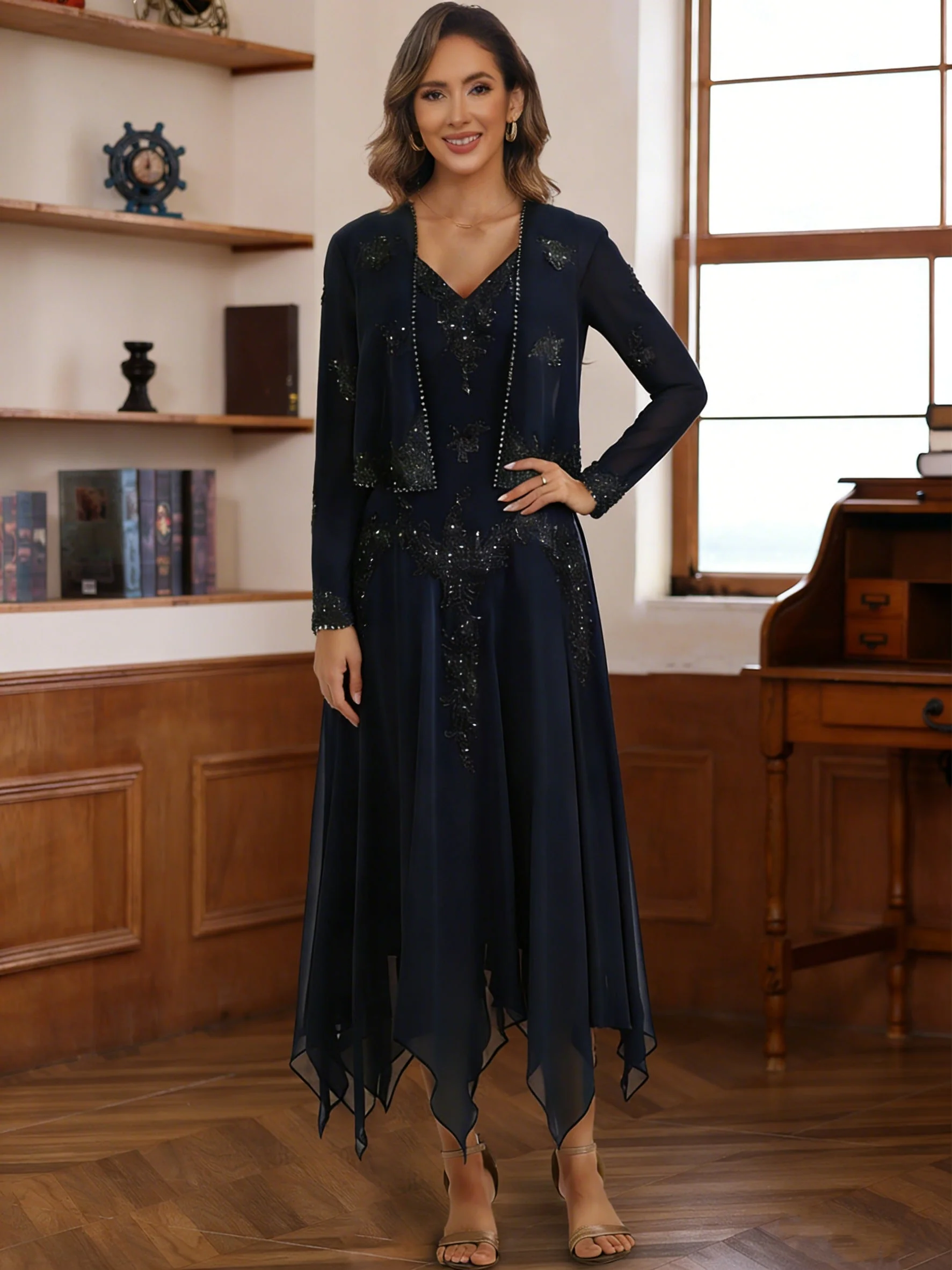 2 Pieces A-Line/Princess V-Neck Chiffon Mother of the Bride Dresses with Jacket Lace Sequins Tea-Length Long Sleeves - Image 3