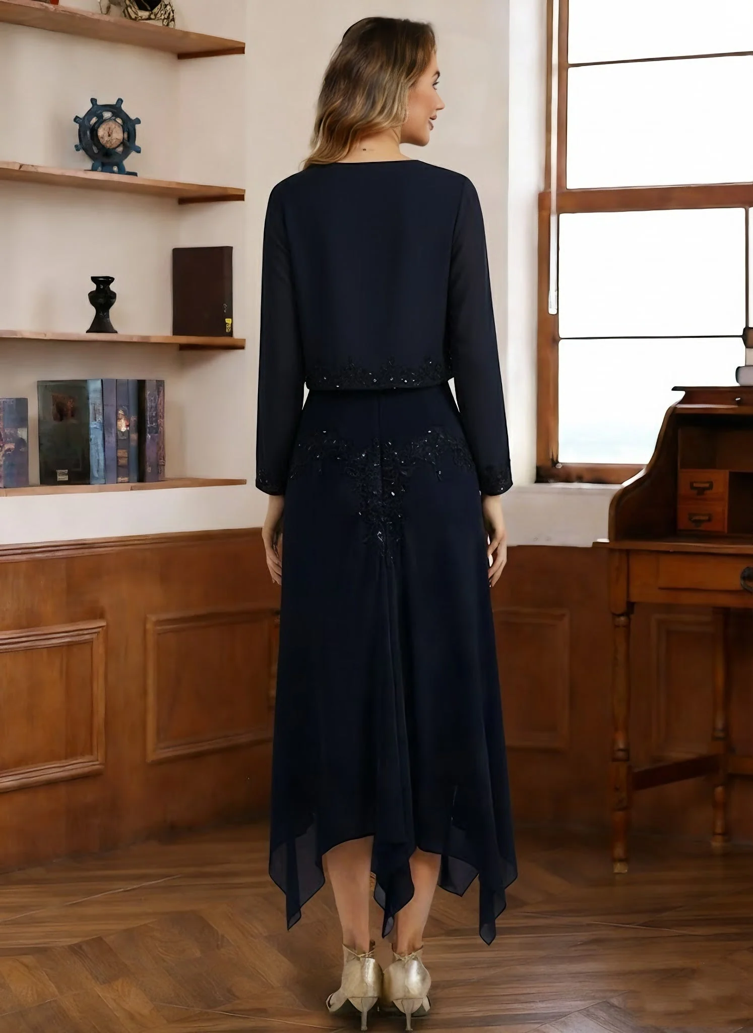 2 Pieces A-Line/Princess V-Neck Chiffon Mother of the Bride Dresses with Jacket Lace Sequins Tea-Length Long Sleeves - Image 4