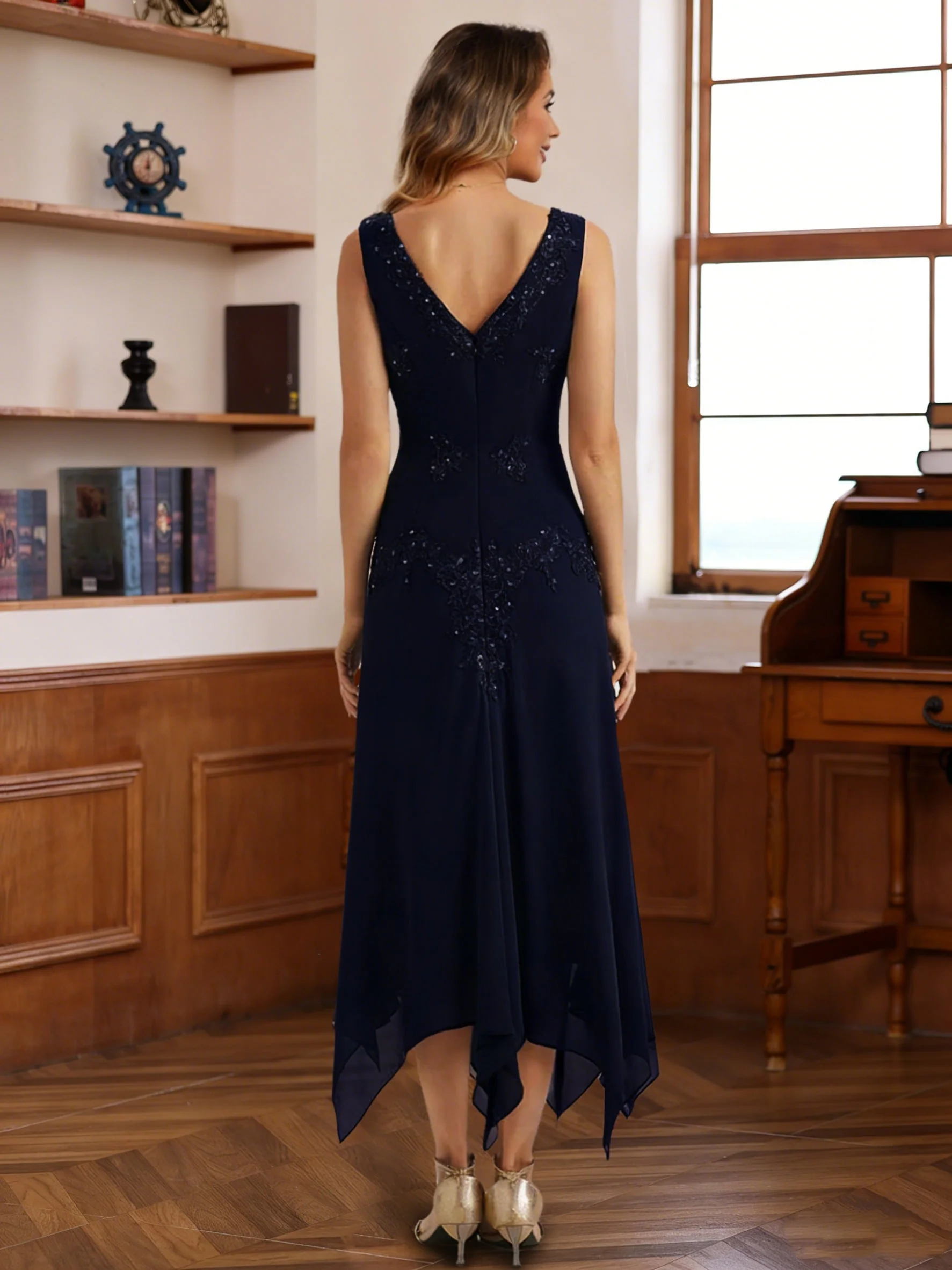 2 Pieces A-Line/Princess V-Neck Chiffon Mother of the Bride Dresses with Jacket Lace Sequins Tea-Length Long Sleeves - Image 5