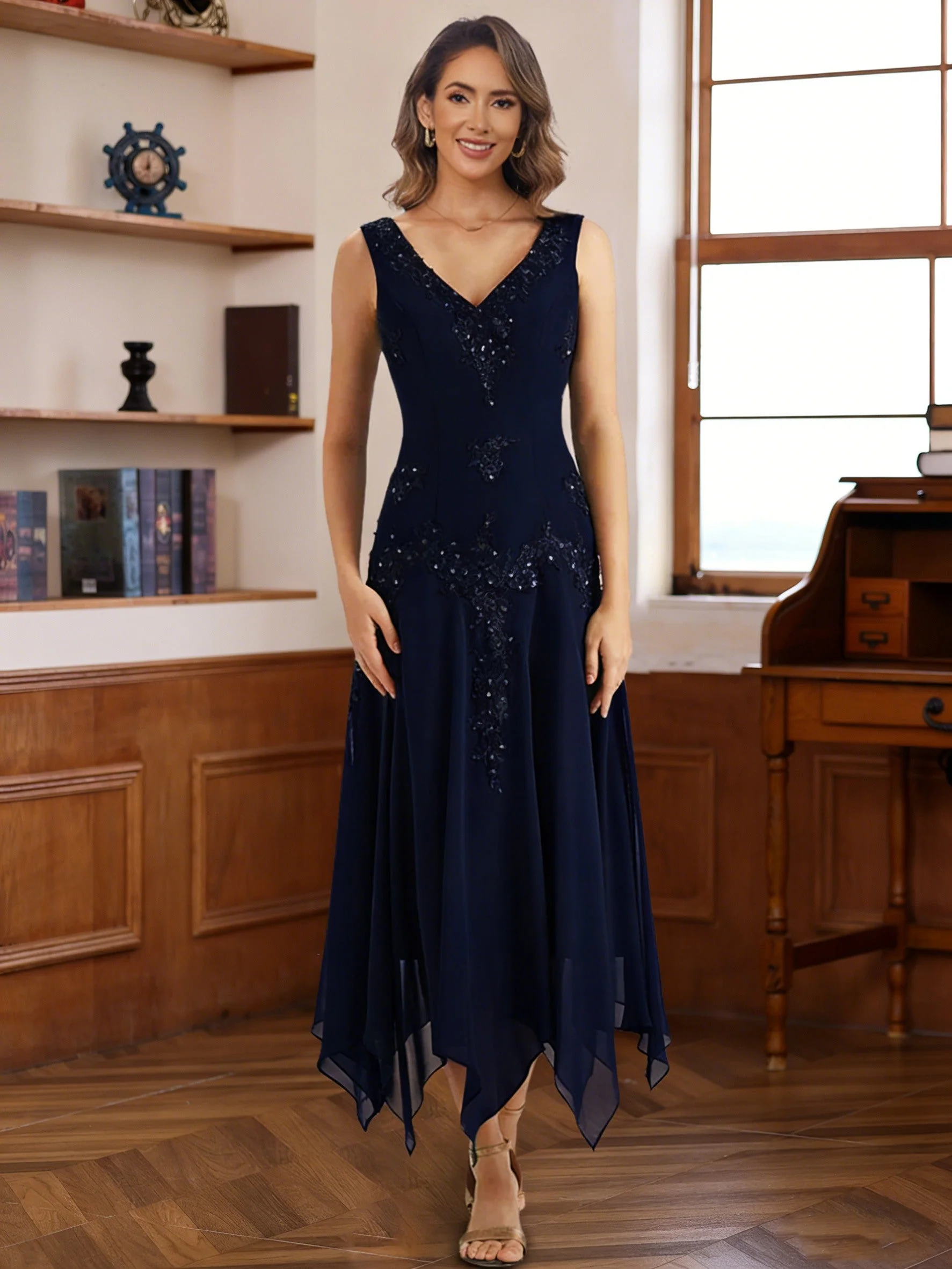 2 Pieces A-Line/Princess V-Neck Chiffon Mother of the Bride Dresses with Jacket Lace Sequins Tea-Length Long Sleeves - Image 6