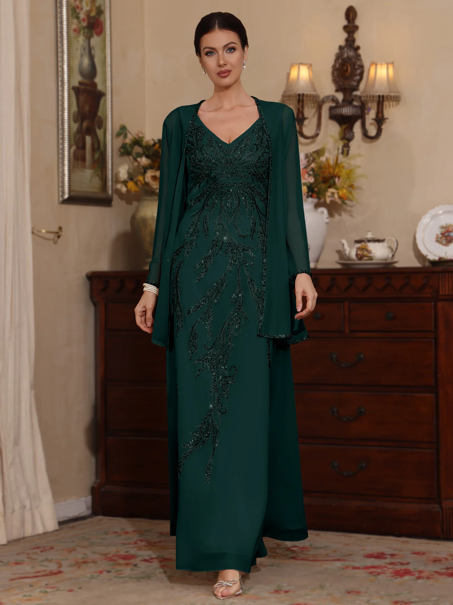 2 Pieces A-Line/Princess V-Neck Chiffon Mother of the Bride Dresses with Jacket Sequins Ankle-Length Long Sleeves - Image 10