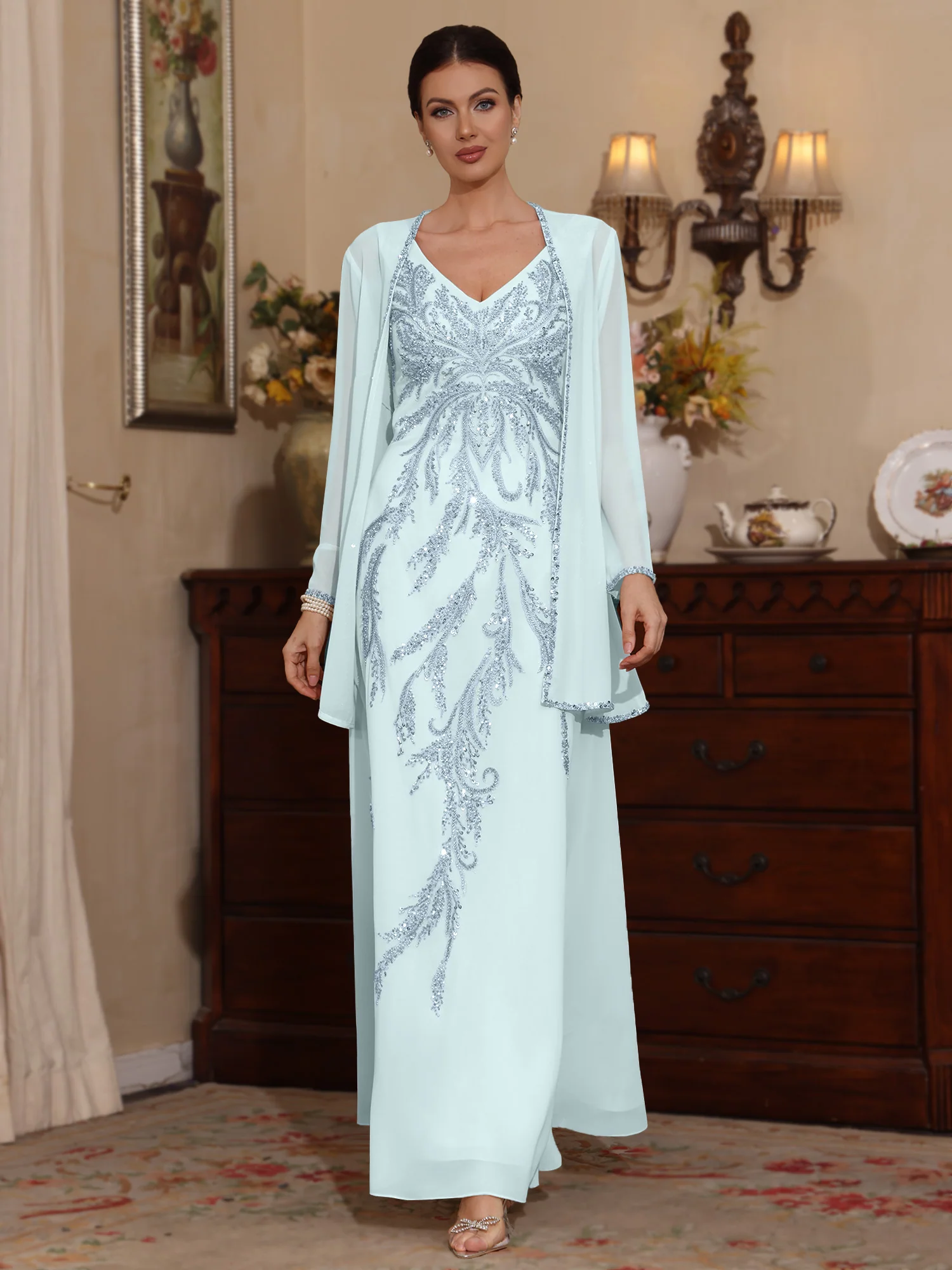 2 Pieces A-Line/Princess V-Neck Chiffon Mother of the Bride Dresses with Jacket Sequins Ankle-Length Long Sleeves - Image 13