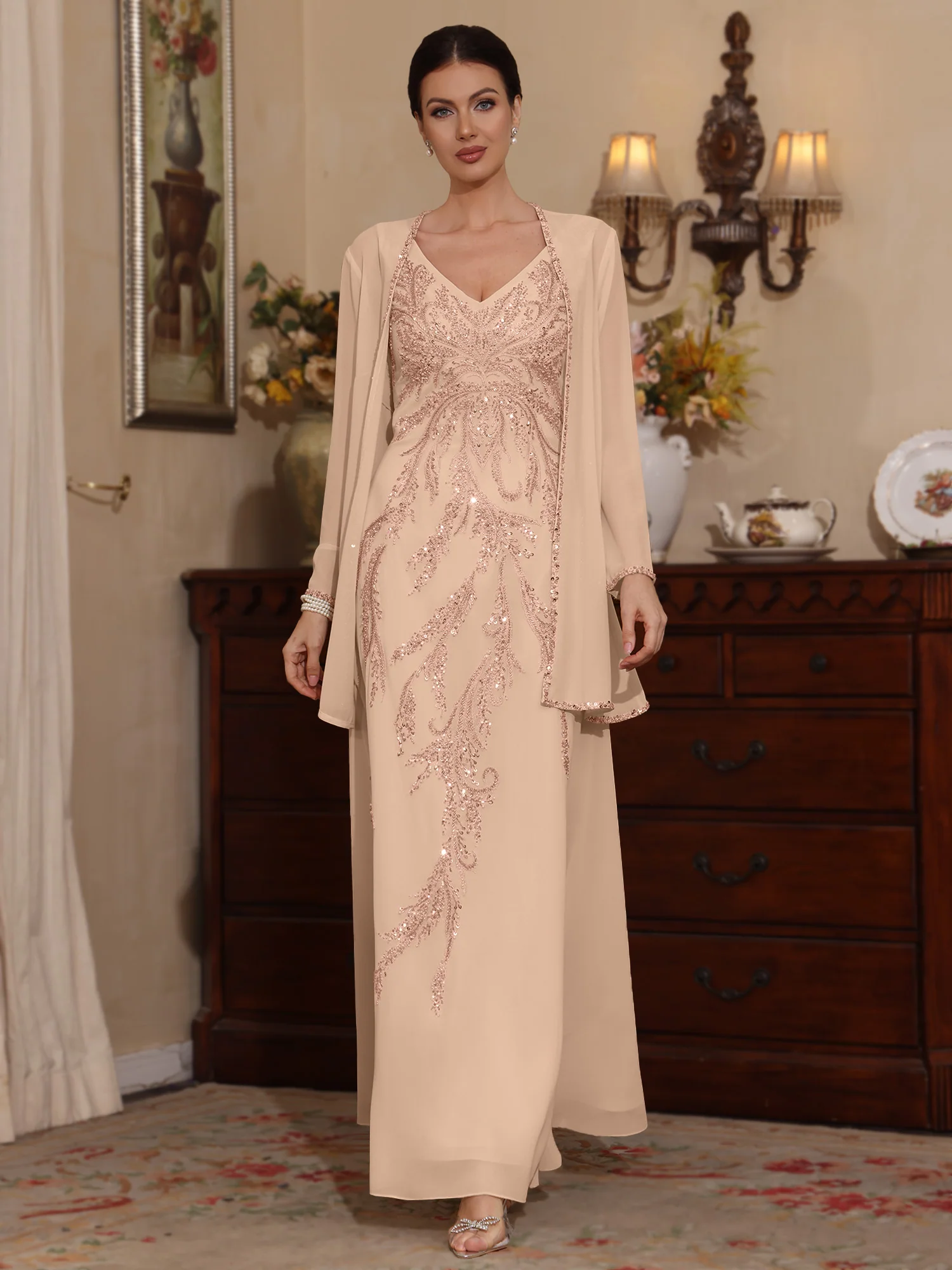 2 Pieces A-Line/Princess V-Neck Chiffon Mother of the Bride Dresses with Jacket Sequins Ankle-Length Long Sleeves - Image 20