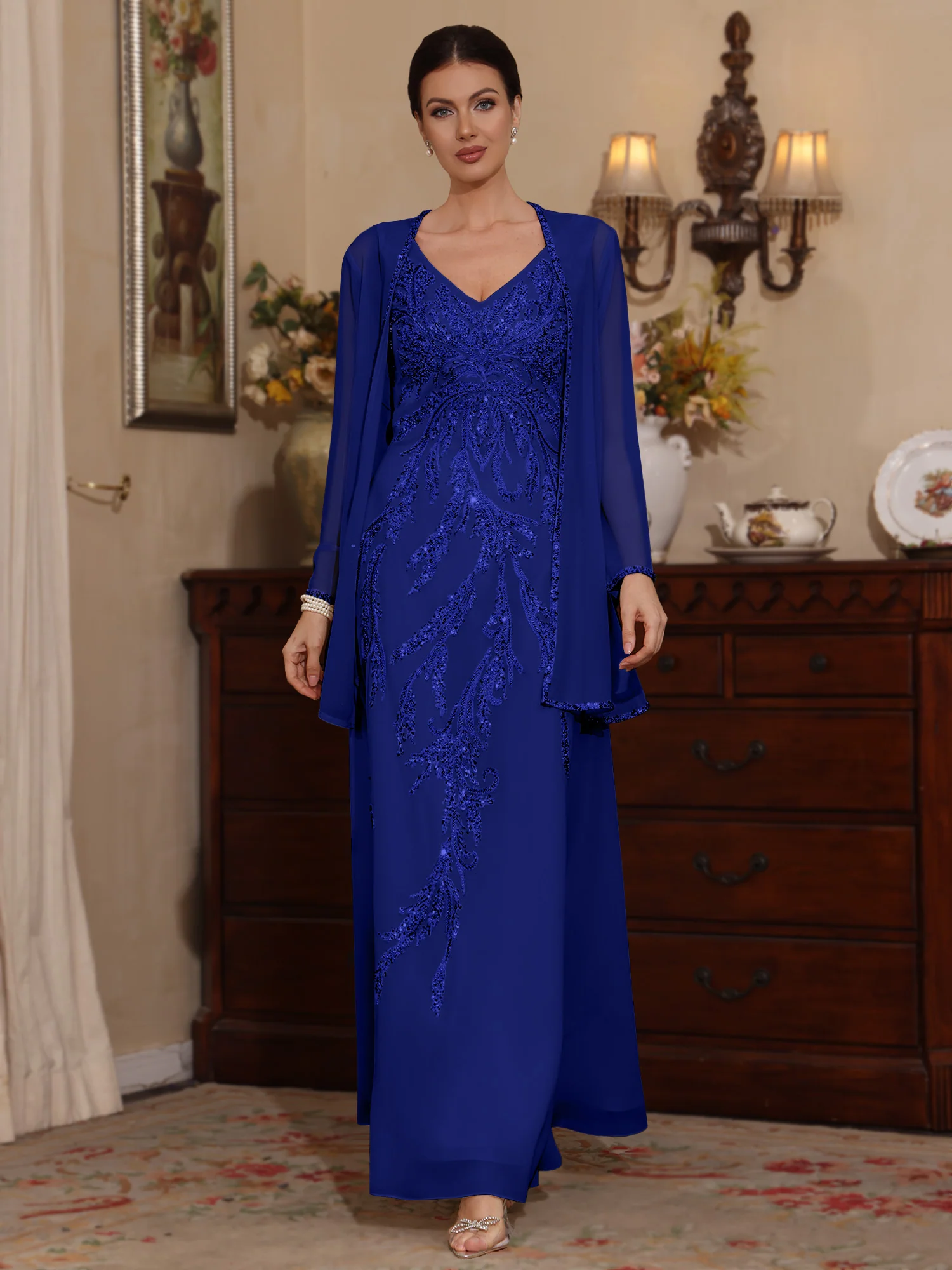 2 Pieces A-Line/Princess V-Neck Chiffon Mother of the Bride Dresses with Jacket Sequins Ankle-Length Long Sleeves - Image 21