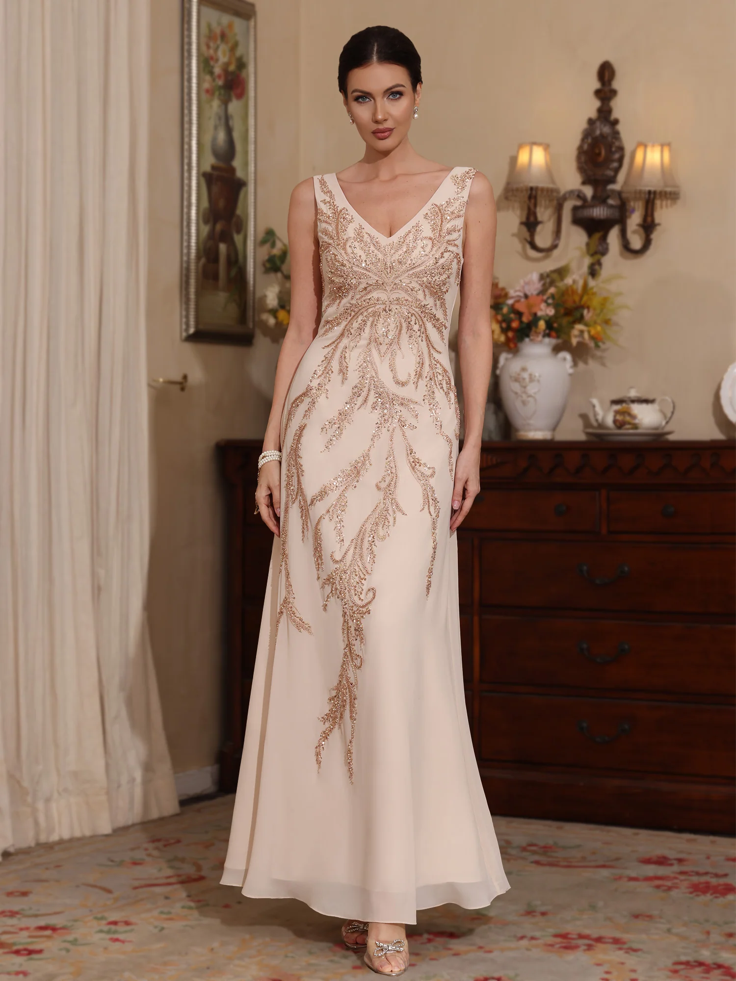 2 Pieces A-Line/Princess V-Neck Chiffon Mother of the Bride Dresses with Jacket Sequins Ankle-Length Long Sleeves - Image 3