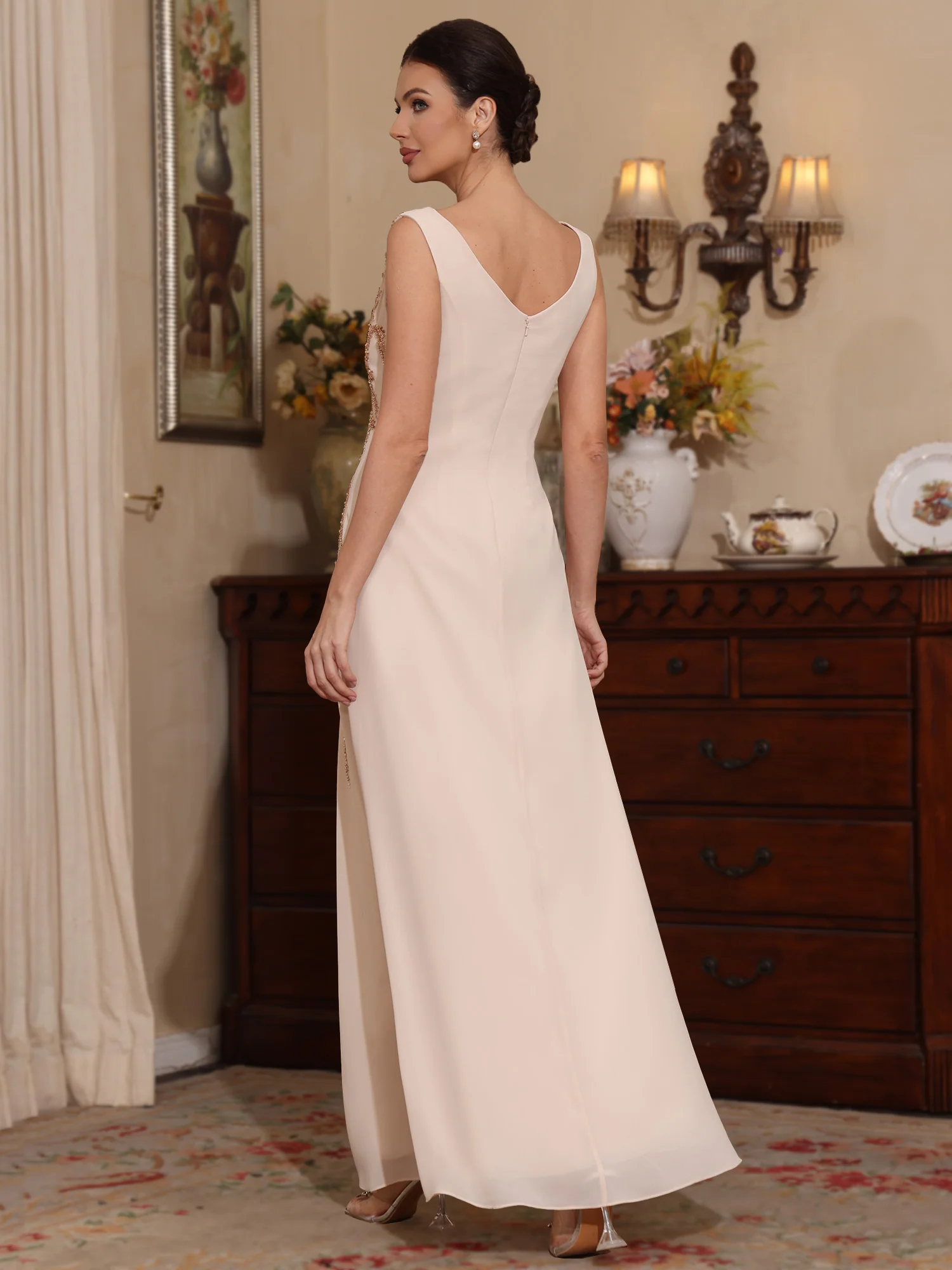 2 Pieces A-Line/Princess V-Neck Chiffon Mother of the Bride Dresses with Jacket Sequins Ankle-Length Long Sleeves - Image 4