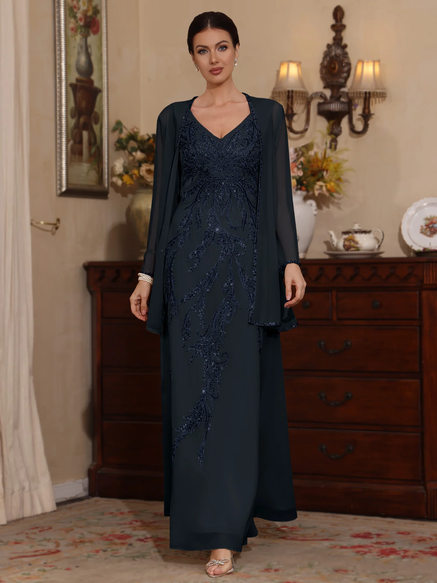 2 Pieces A-Line/Princess V-Neck Chiffon Mother of the Bride Dresses with Jacket Sequins Ankle-Length Long Sleeves - Image 8