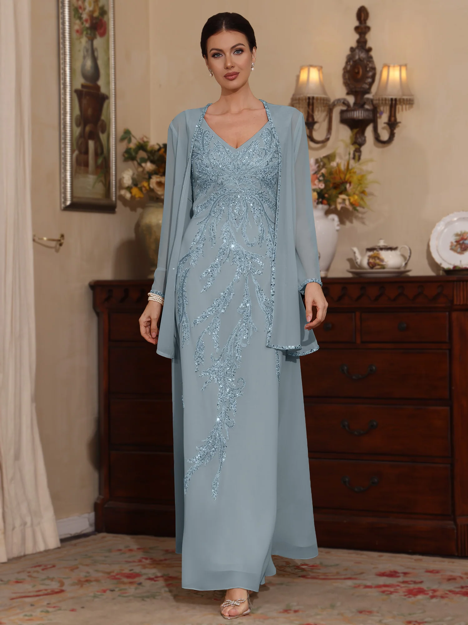 2 Pieces A-Line/Princess V-Neck Chiffon Mother of the Bride Dresses with Jacket Sequins Ankle-Length Long Sleeves - Image 9