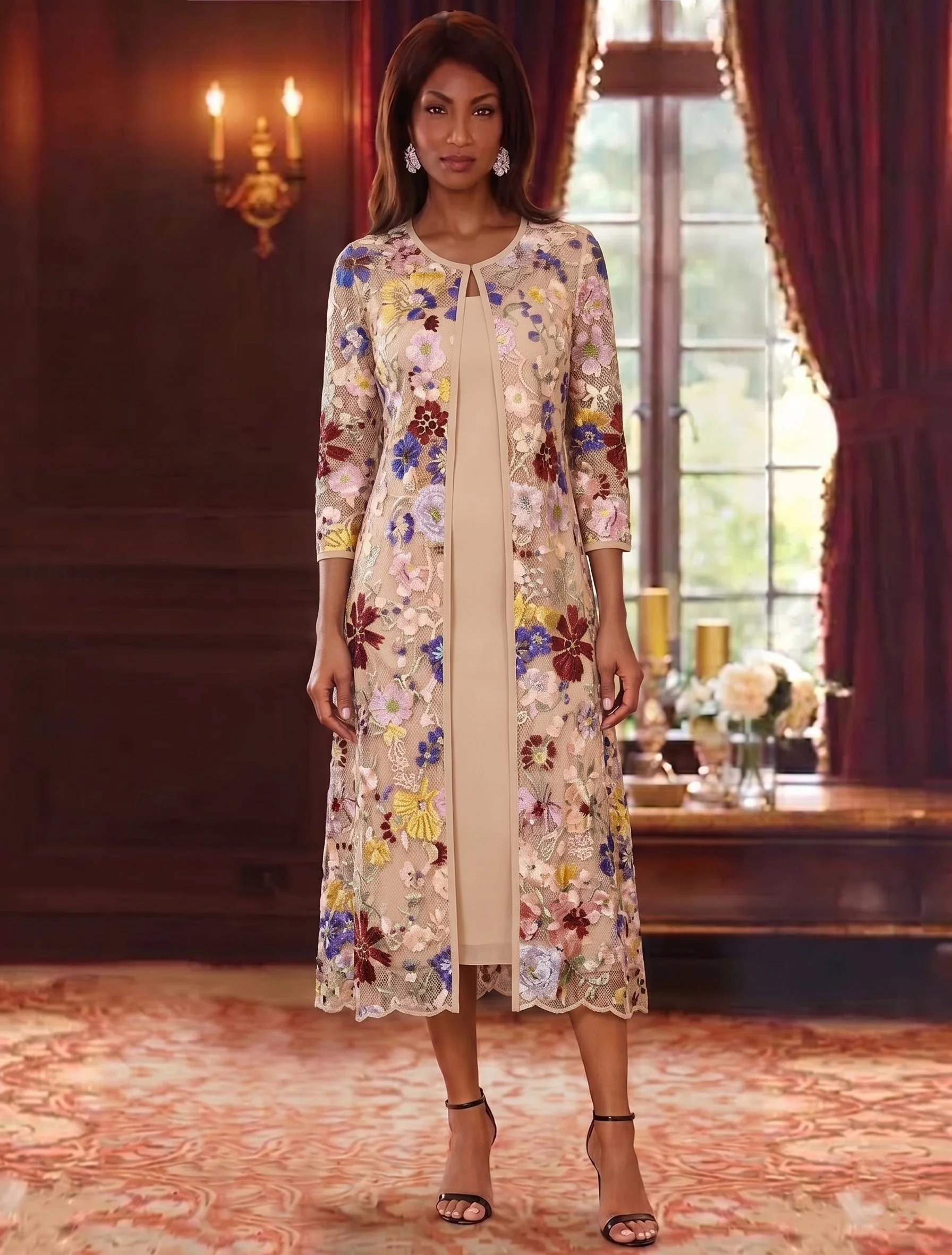 2 Pieces Chiffon Sheath/Column Scoop Mother of the Bride Dresses with Jacket Tea-Length 3/4 Sleeves Lace Floral - Image 5