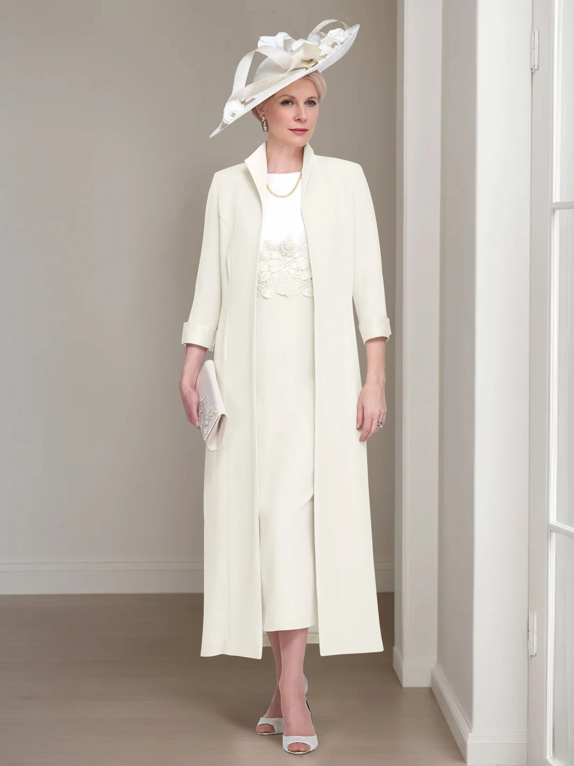 2 Pieces Round Neck Tea-Length Mother of the Bride Dresses with Jacket & Lace Appliques