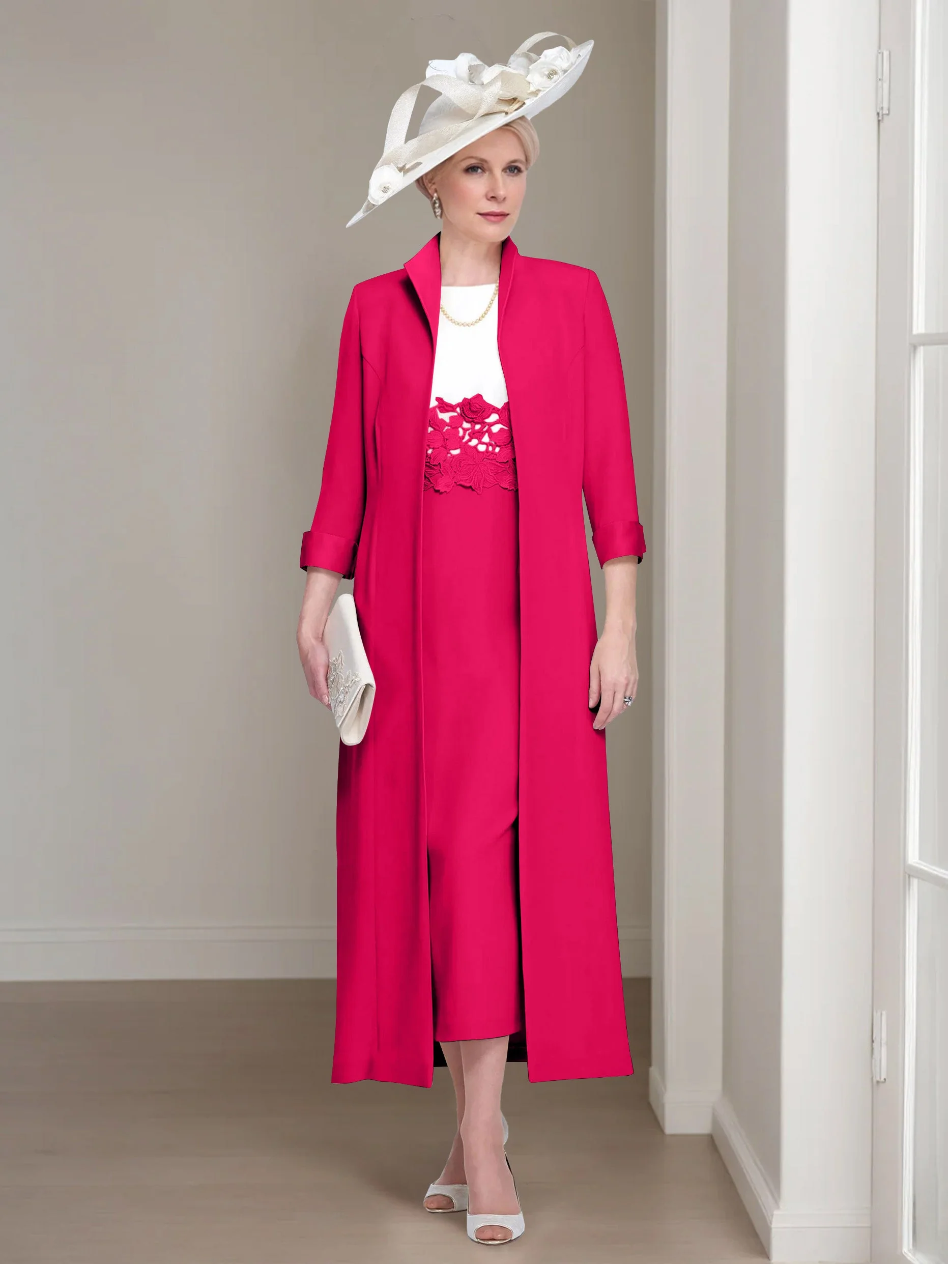 2 Pieces Round Neck Tea-Length Mother of the Bride Dresses with Jacket & Lace Appliques - Image 12