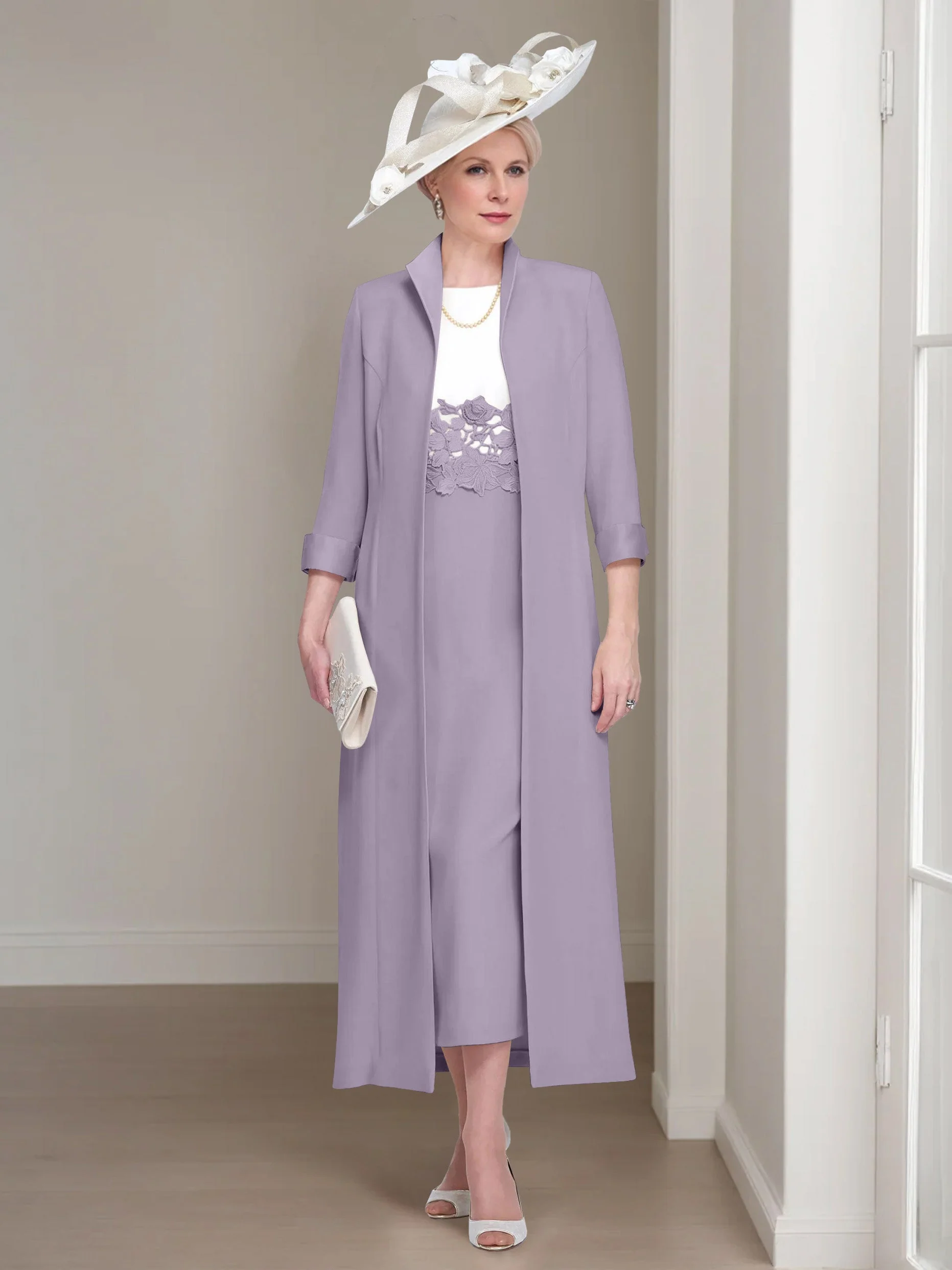 2 Pieces Round Neck Tea-Length Mother of the Bride Dresses with Jacket & Lace Appliques - Image 20