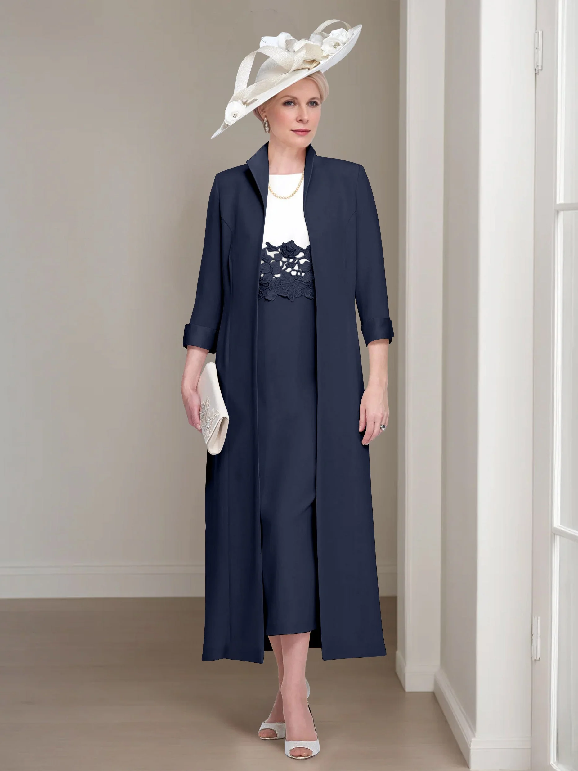 2 Pieces Round Neck Tea-Length Mother of the Bride Dresses with Jacket & Lace Appliques - Image 28