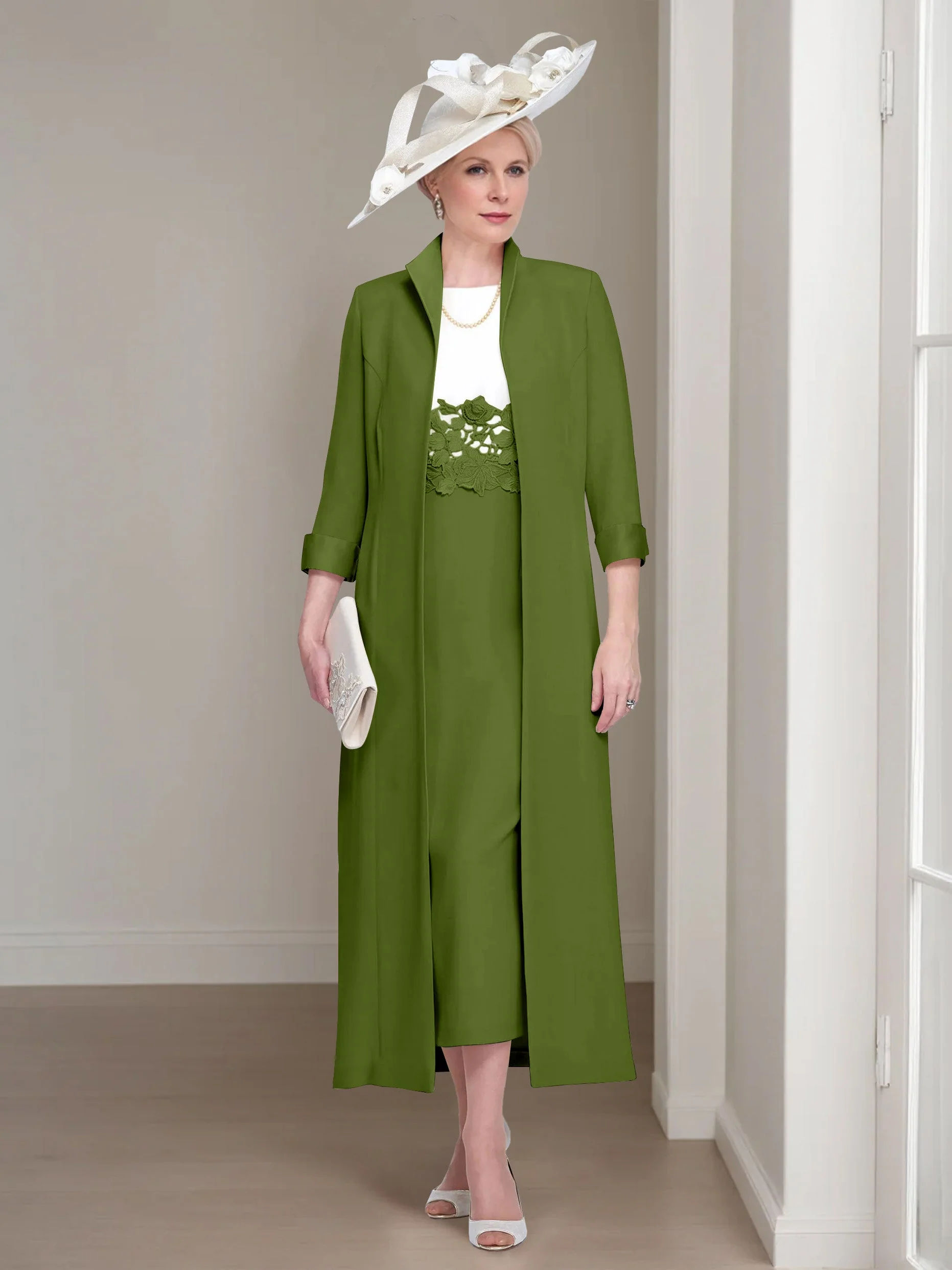 2 Pieces Round Neck Tea-Length Mother of the Bride Dresses with Jacket & Lace Appliques - Image 30