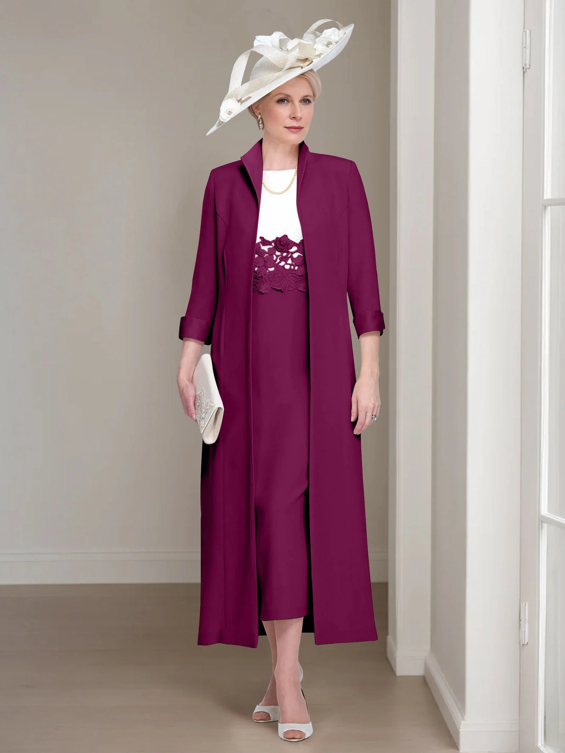 2 Pieces Round Neck Tea-Length Mother of the Bride Dresses with Jacket & Lace Appliques - Image 32