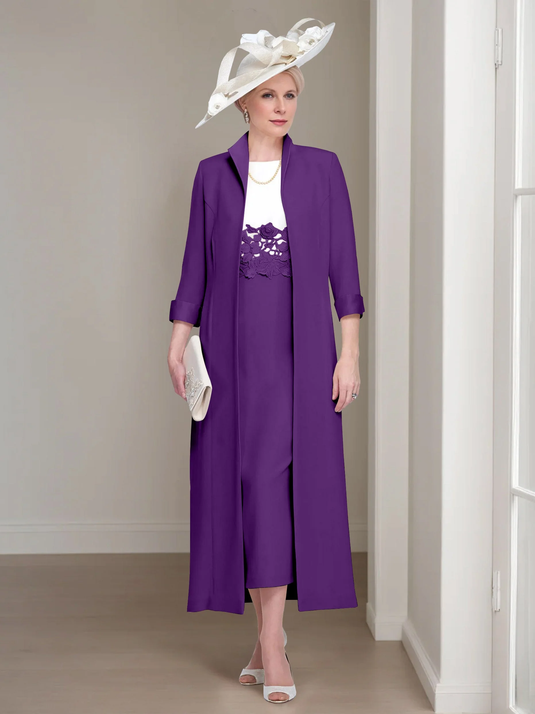2 Pieces Round Neck Tea-Length Mother of the Bride Dresses with Jacket & Lace Appliques - Image 36