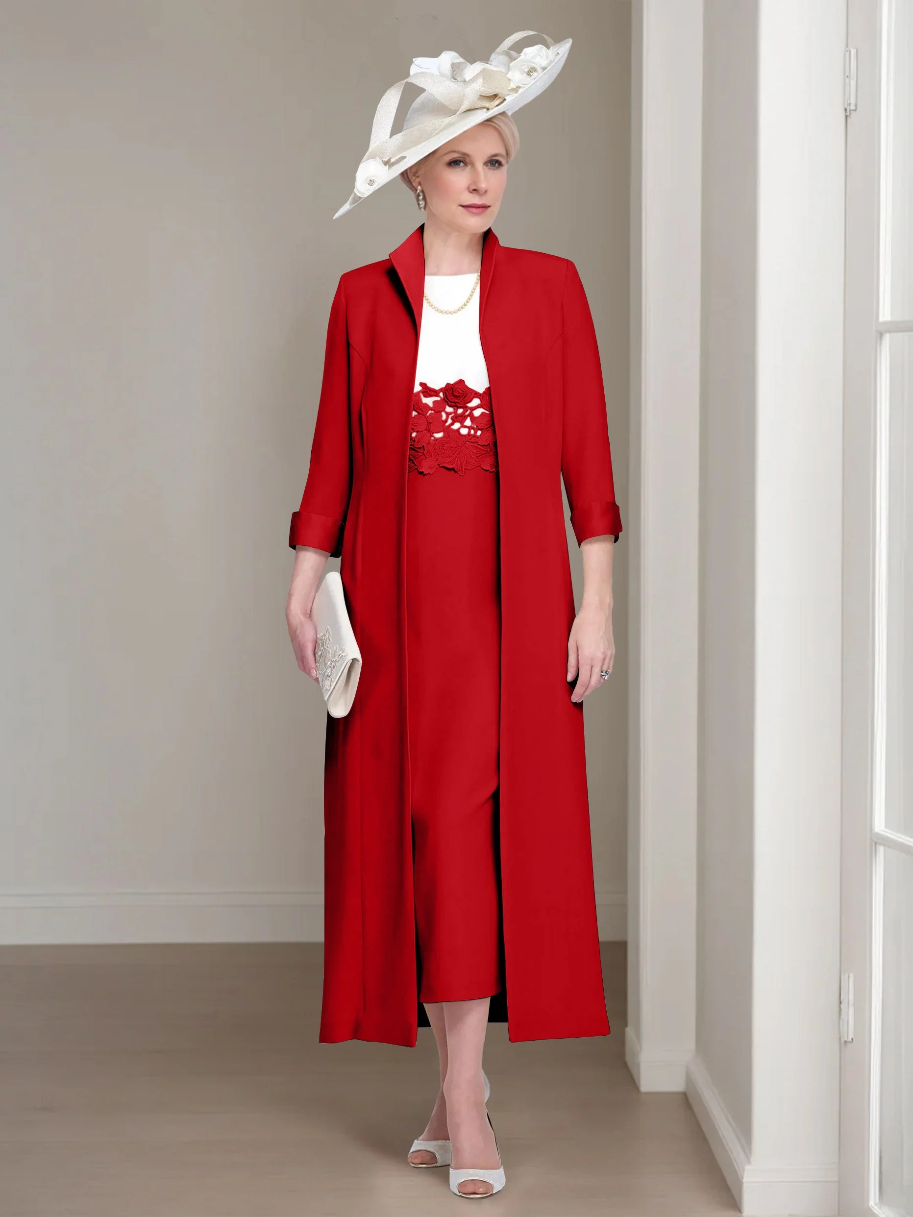 2 Pieces Round Neck Tea-Length Mother of the Bride Dresses with Jacket & Lace Appliques - Image 37