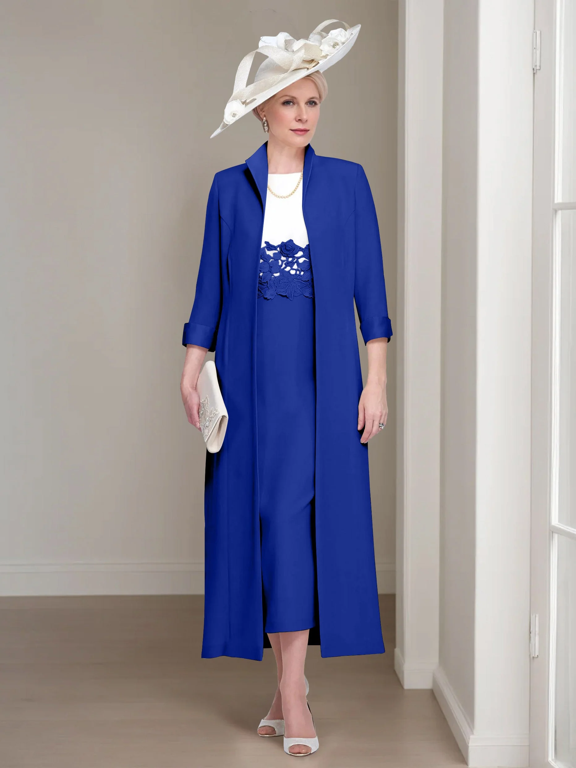 2 Pieces Round Neck Tea-Length Mother of the Bride Dresses with Jacket & Lace Appliques - Image 38