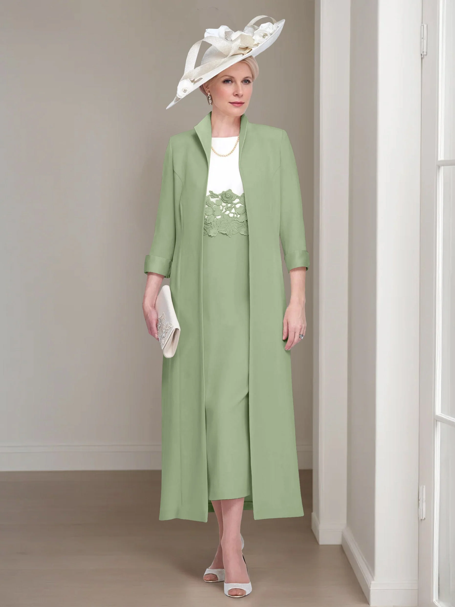 2 Pieces Round Neck Tea-Length Mother of the Bride Dresses with Jacket & Lace Appliques - Image 39