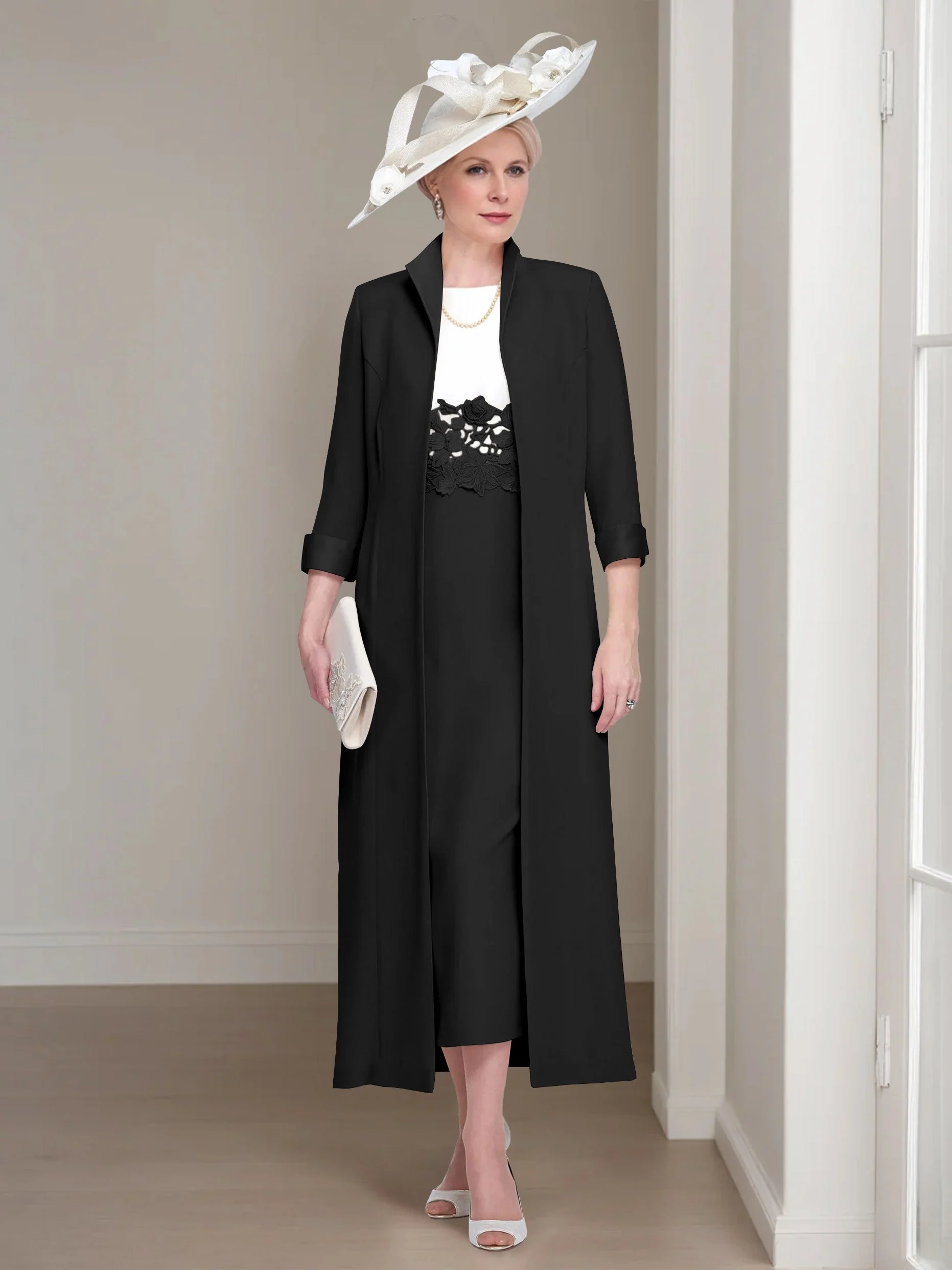 2 Pieces Round Neck Tea-Length Mother of the Bride Dresses with Jacket & Lace Appliques - Image 4
