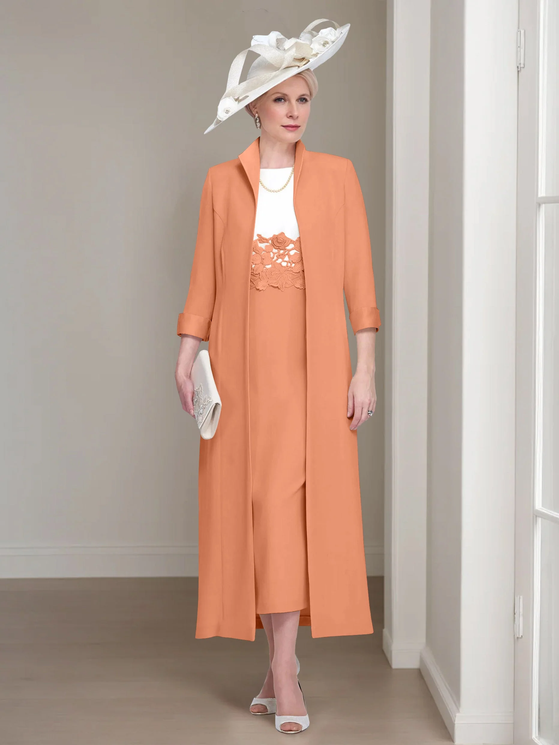 2 Pieces Round Neck Tea-Length Mother of the Bride Dresses with Jacket & Lace Appliques - Image 40