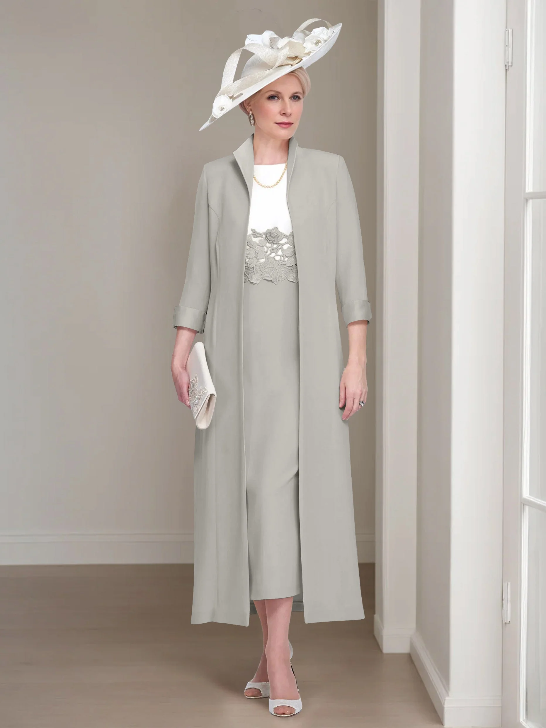 2 Pieces Round Neck Tea-Length Mother of the Bride Dresses with Jacket & Lace Appliques - Image 41