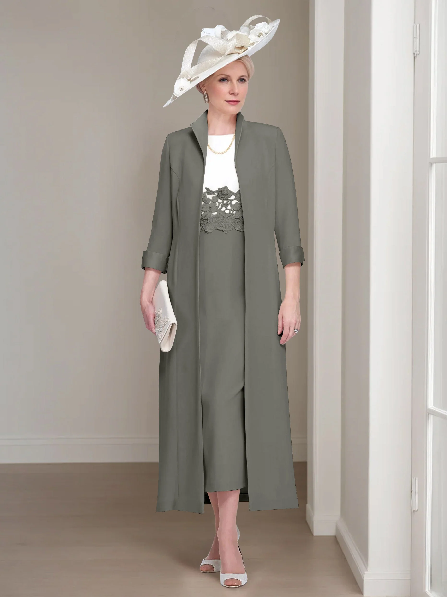 2 Pieces Round Neck Tea-Length Mother of the Bride Dresses with Jacket & Lace Appliques - Image 42