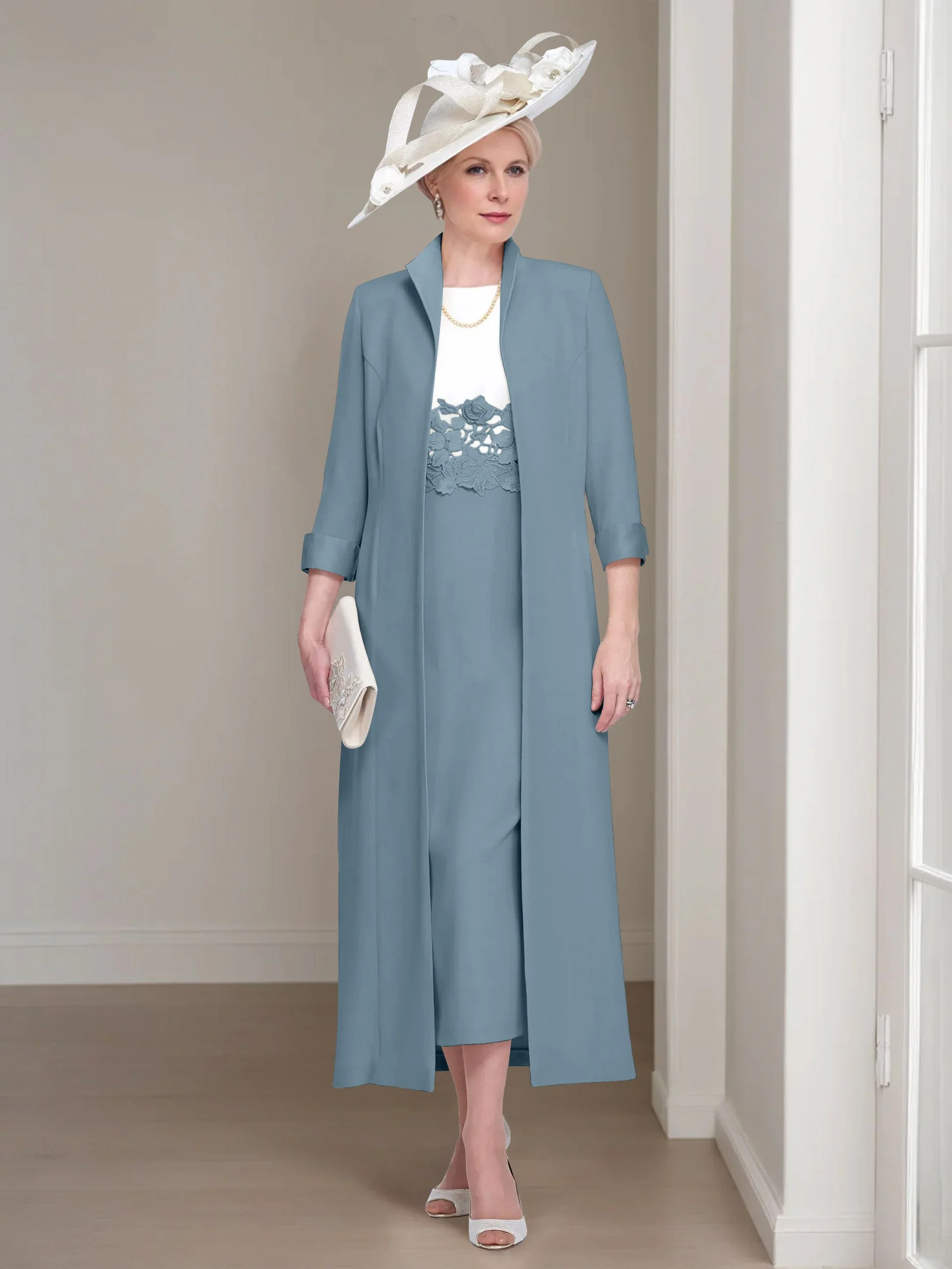 2 Pieces Round Neck Tea-Length Mother of the Bride Dresses with Jacket & Lace Appliques - Image 44