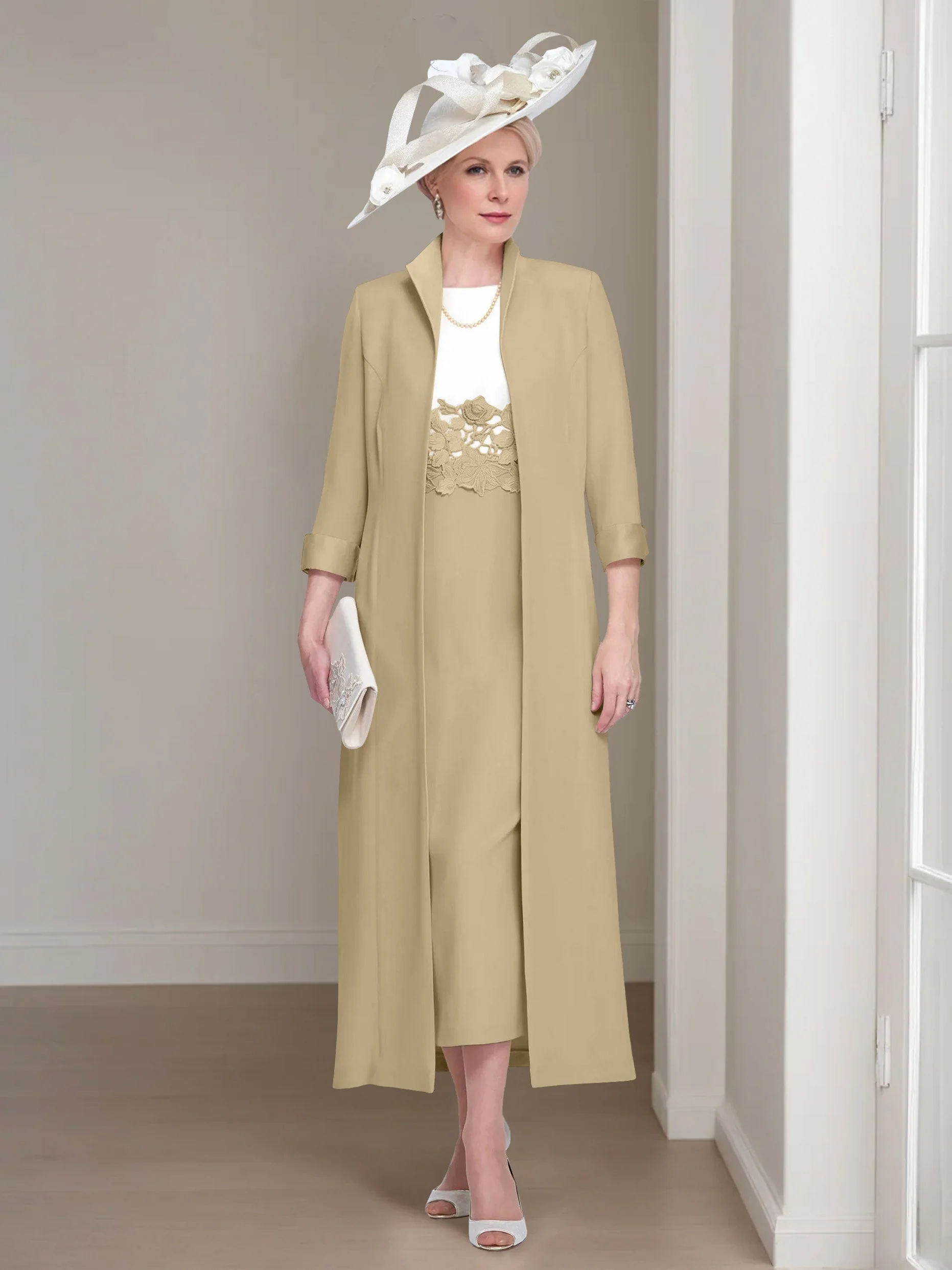 2 Pieces Round Neck Tea-Length Mother of the Bride Dresses with Jacket & Lace Appliques - Image 45