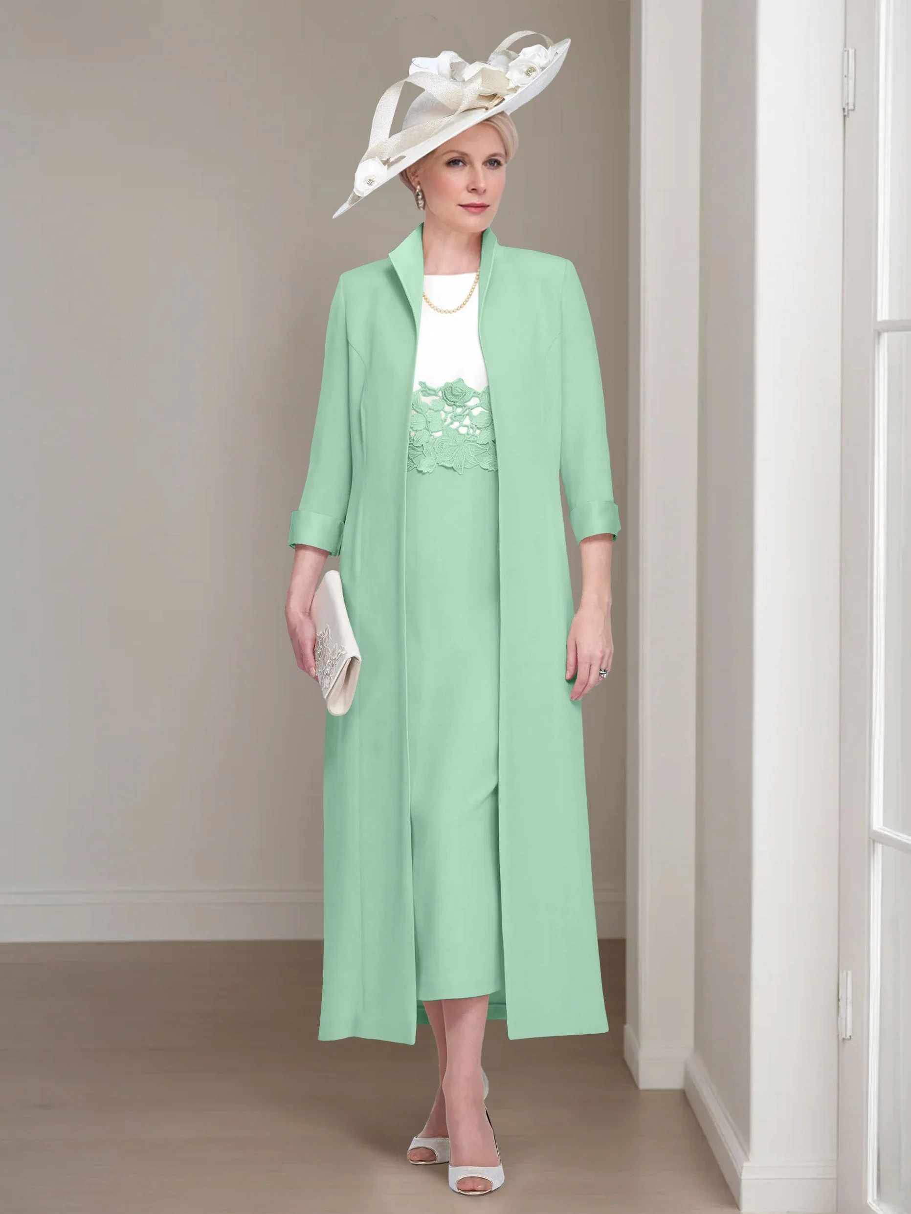 2 Pieces Round Neck Tea-Length Mother of the Bride Dresses with Jacket & Lace Appliques - Image 46