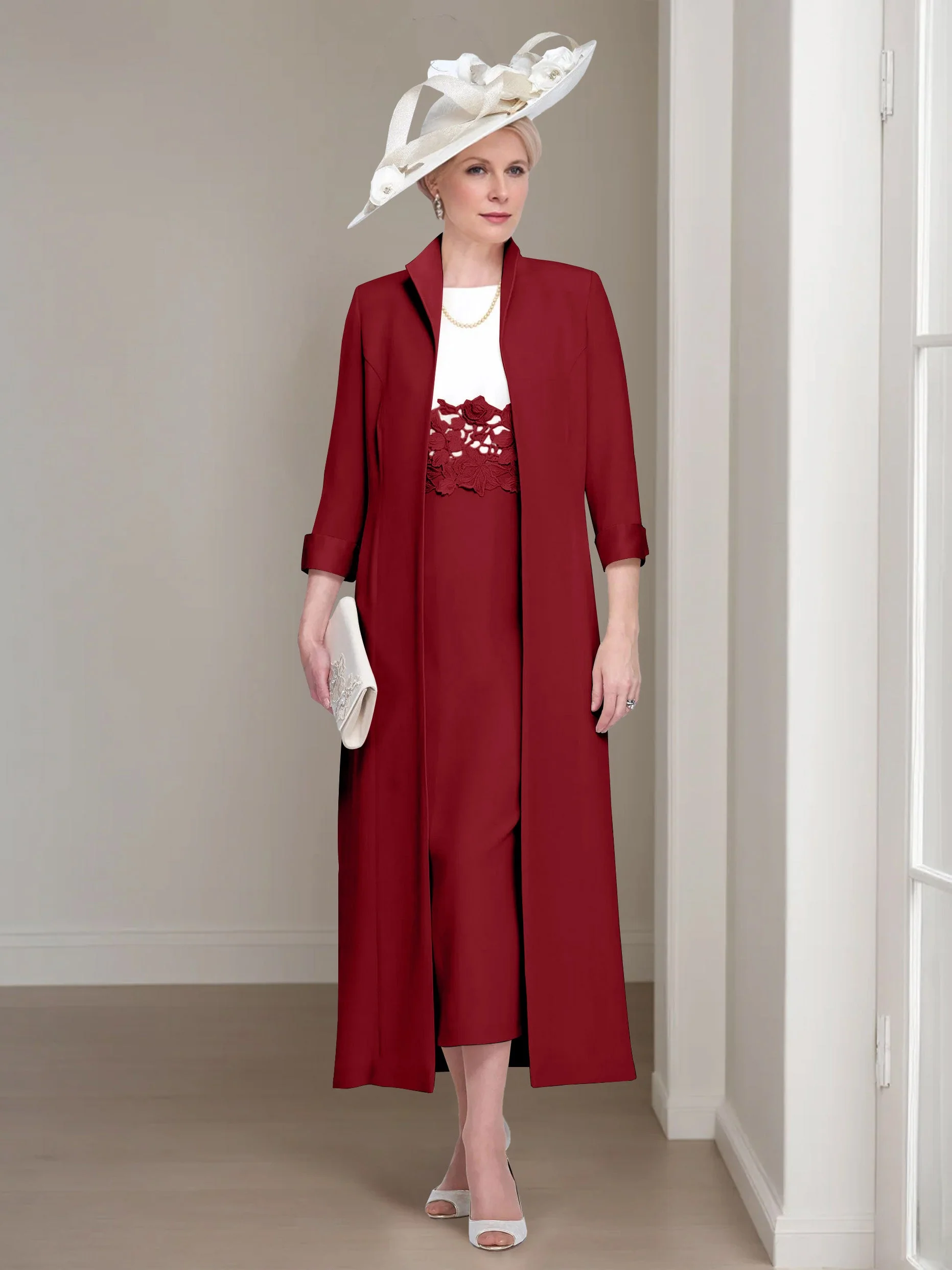 2 Pieces Round Neck Tea-Length Mother of the Bride Dresses with Jacket & Lace Appliques - Image 48