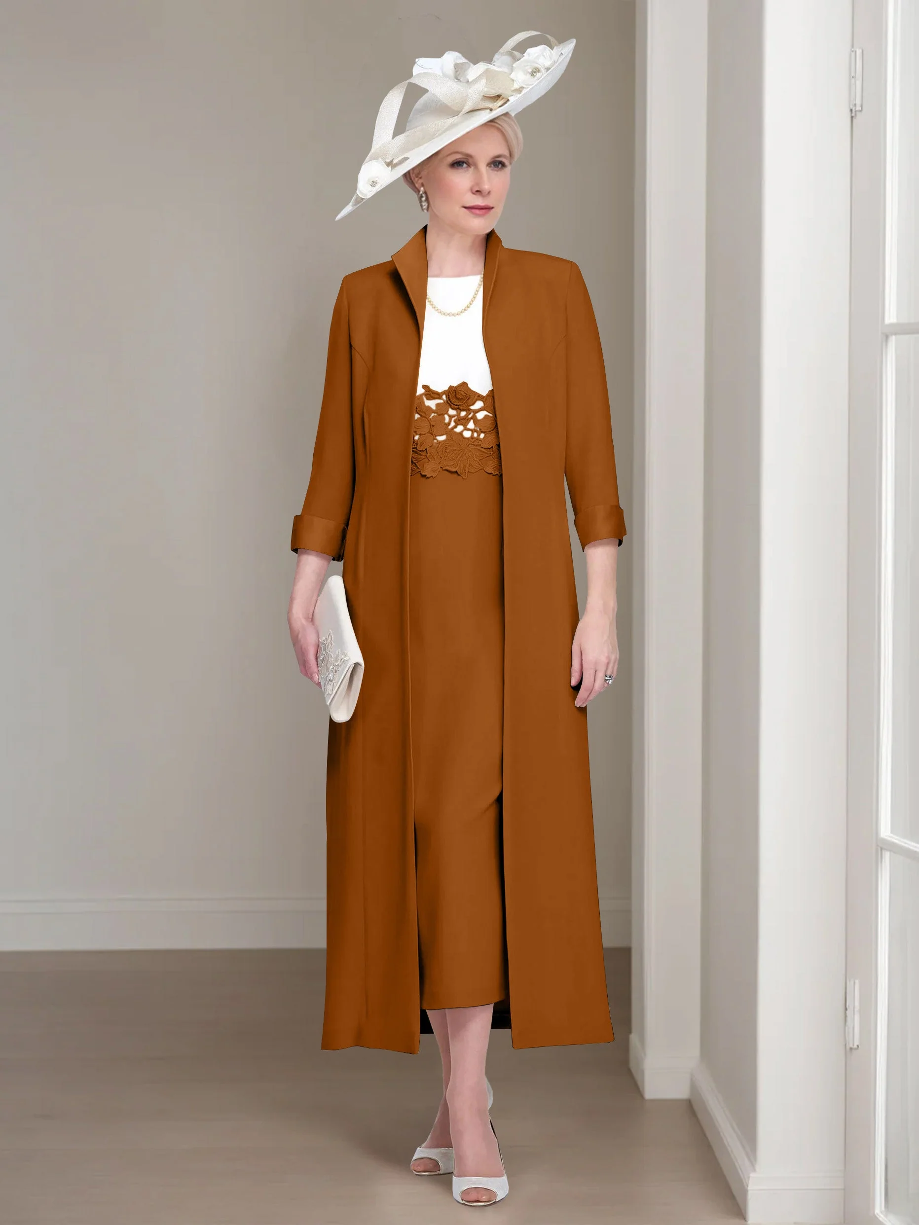 2 Pieces Round Neck Tea-Length Mother of the Bride Dresses with Jacket & Lace Appliques - Image 6