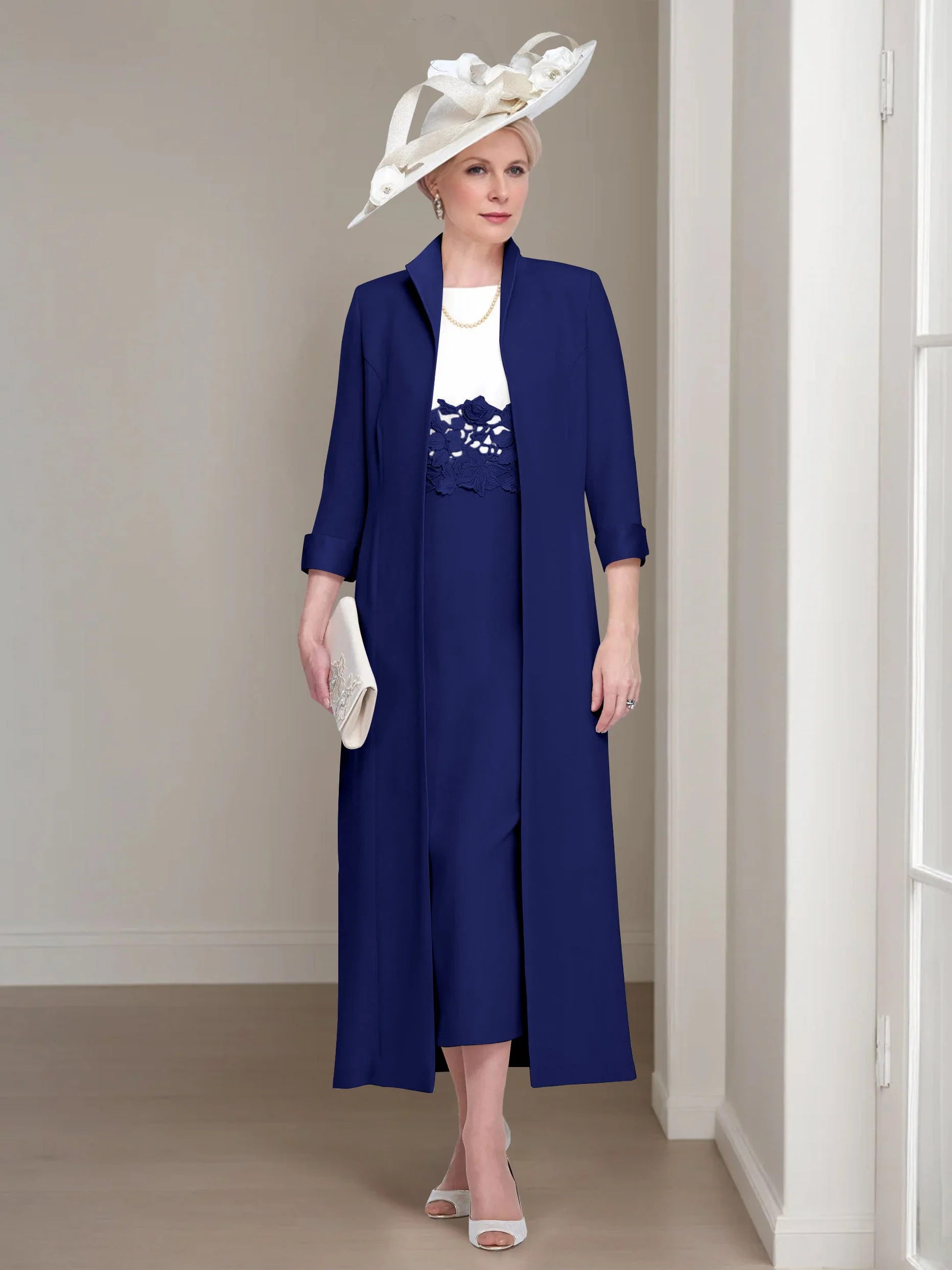 2 Pieces Round Neck Tea-Length Mother of the Bride Dresses with Jacket & Lace Appliques - Image 9