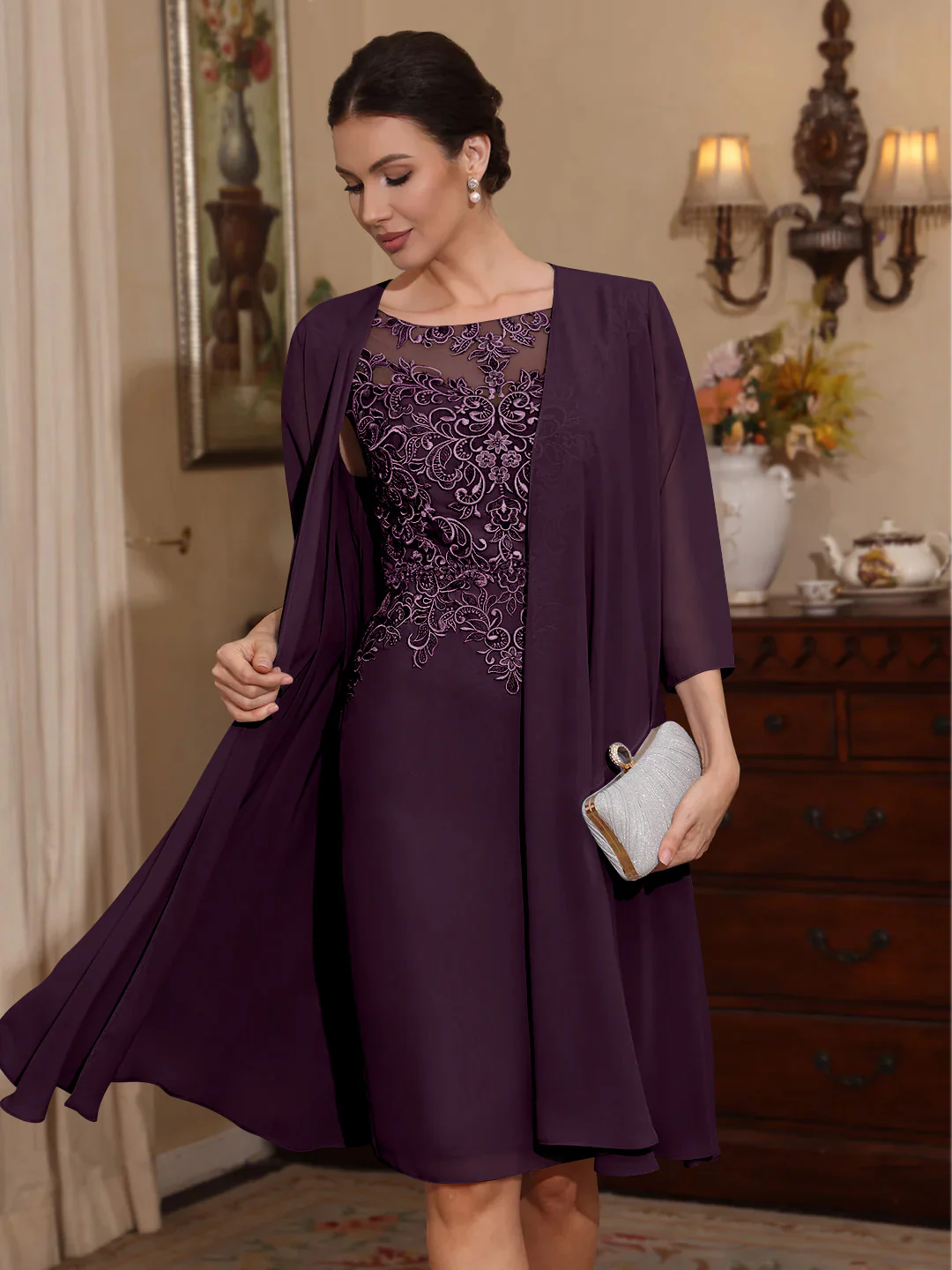 2 Pieces Sheath/Column Scoop Chiffon Mother of the Bride Dresses with Jacket Lace Knee-Length 3/4 Sleeves - Image 16