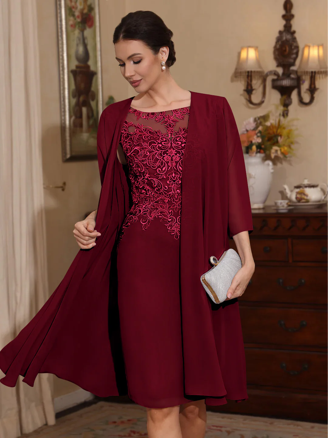 2 Pieces Sheath/Column Scoop Chiffon Mother of the Bride Dresses with Jacket Lace Knee-Length 3/4 Sleeves - Image 18