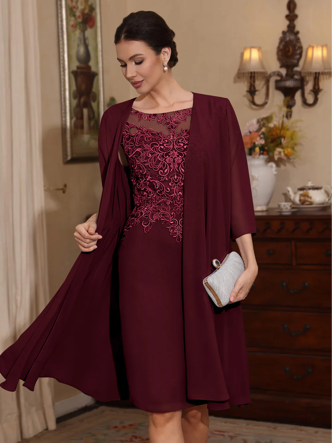 2 Pieces Sheath/Column Scoop Chiffon Mother of the Bride Dresses with Jacket Lace Knee-Length 3/4 Sleeves - Image 19