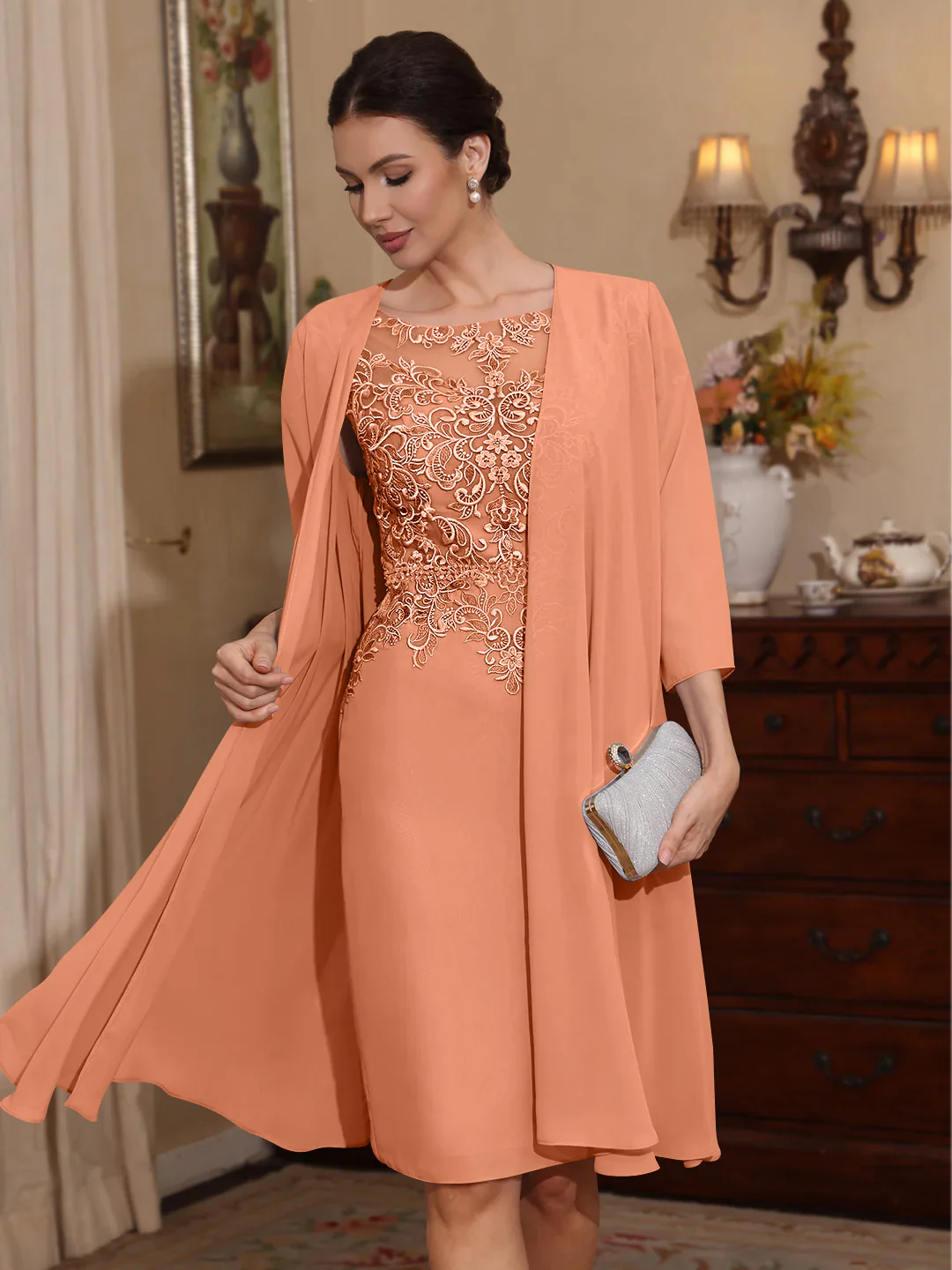 2 Pieces Sheath/Column Scoop Chiffon Mother of the Bride Dresses with Jacket Lace Knee-Length 3/4 Sleeves - Image 22