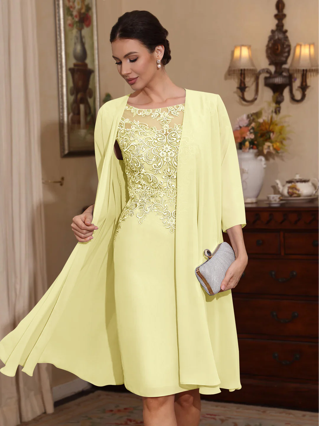 2 Pieces Sheath/Column Scoop Chiffon Mother of the Bride Dresses with Jacket Lace Knee-Length 3/4 Sleeves - Image 23