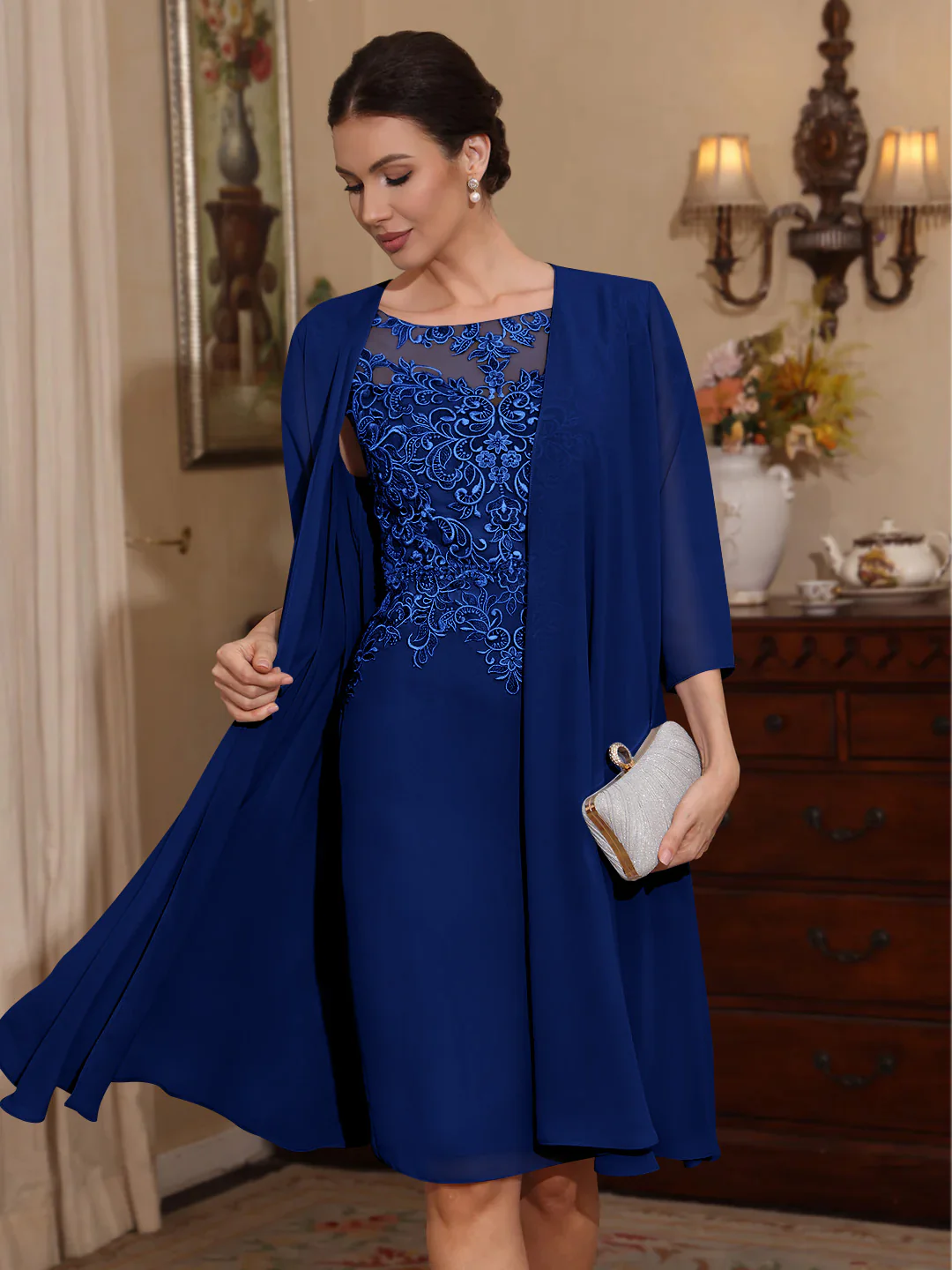2 Pieces Sheath/Column Scoop Chiffon Mother of the Bride Dresses with Jacket Lace Knee-Length 3/4 Sleeves - Image 24