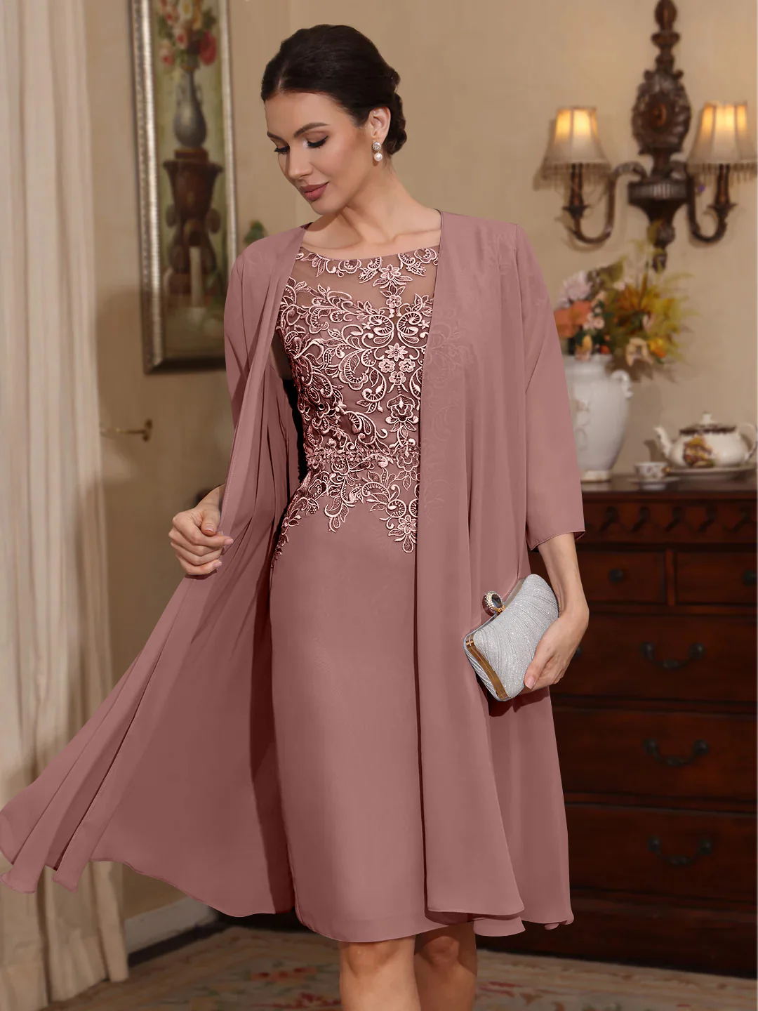 2 Pieces Sheath/Column Scoop Chiffon Mother of the Bride Dresses with Jacket Lace Knee-Length 3/4 Sleeves - Image 25