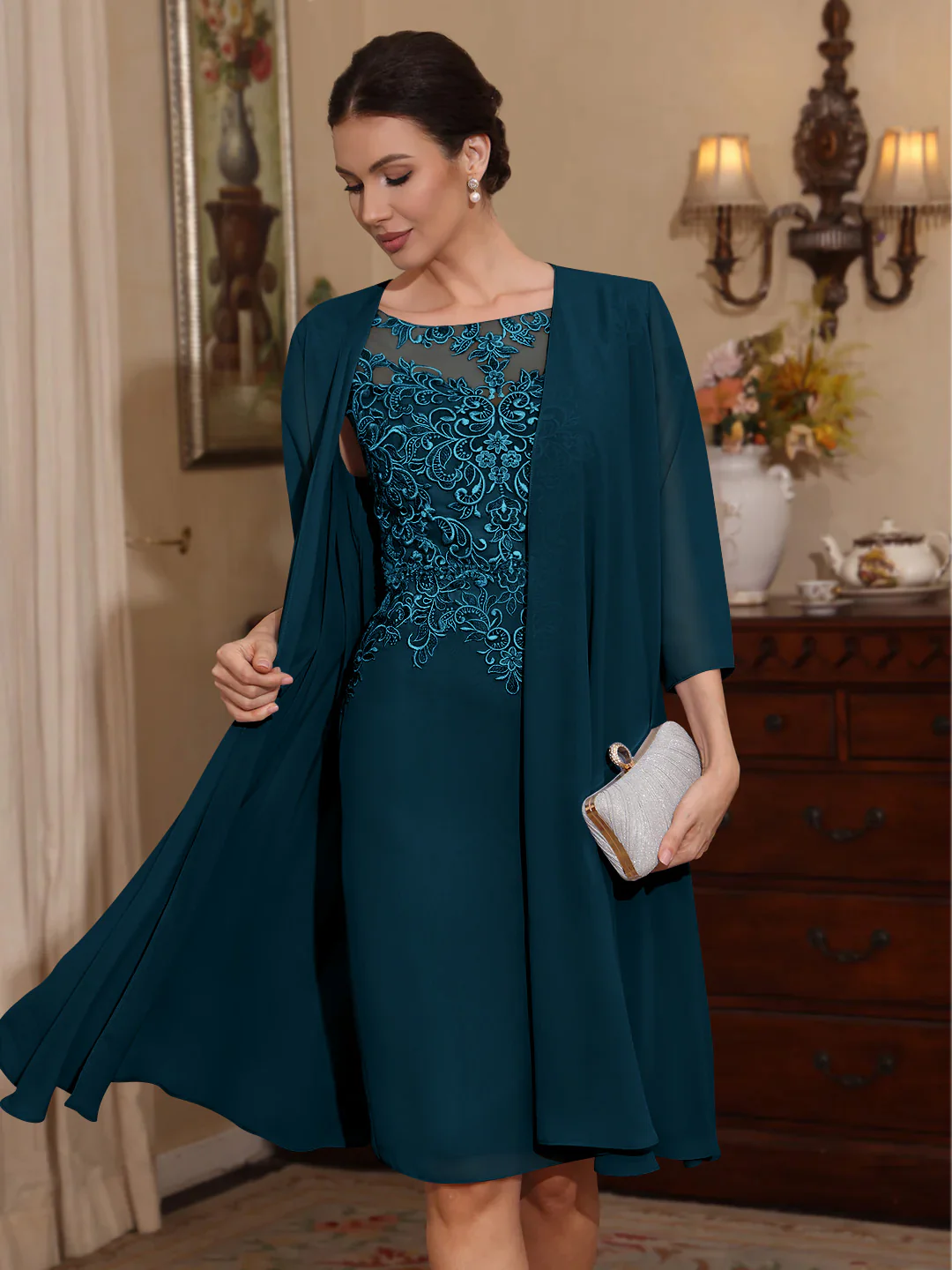 2 Pieces Sheath/Column Scoop Chiffon Mother of the Bride Dresses with Jacket Lace Knee-Length 3/4 Sleeves - Image 30