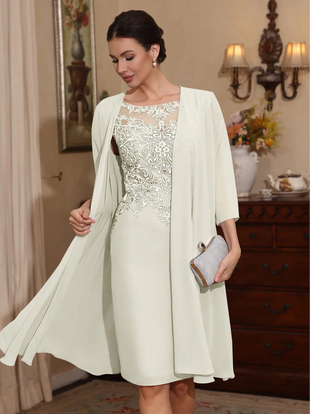 2 Pieces Sheath/Column Scoop Chiffon Mother of the Bride Dresses with Jacket Lace Knee-Length 3/4 Sleeves - Image 31